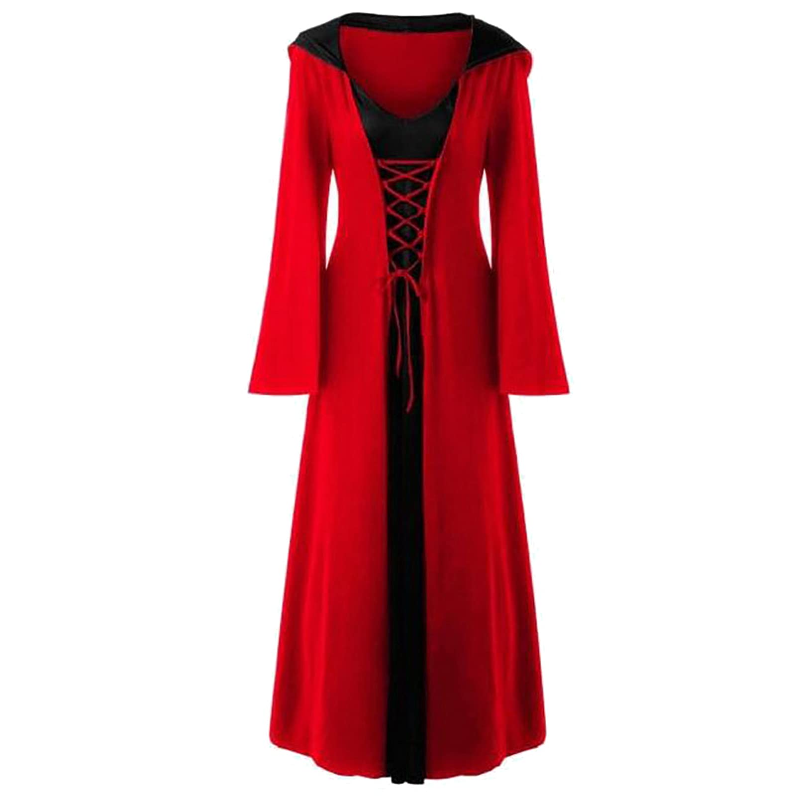 Swqotoq Women's Plus Size Christmas Hooded Lace-Up Patchwork Long Sleeve Maxi Dress - Casual Loose Fit for Holiday Parties & Winter Gatherings