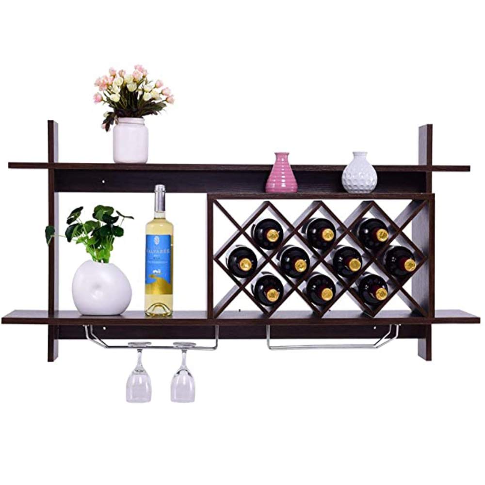 Modern Diamond-Shaped Wood Wall Mounted Wine Rack Organizer - Holds 10 Bottles with Metal Glass Holder & Multifunctional Storage Shelf - Perfect for Kitchen, Dining Room, Bar or Wine Cellar Decor
