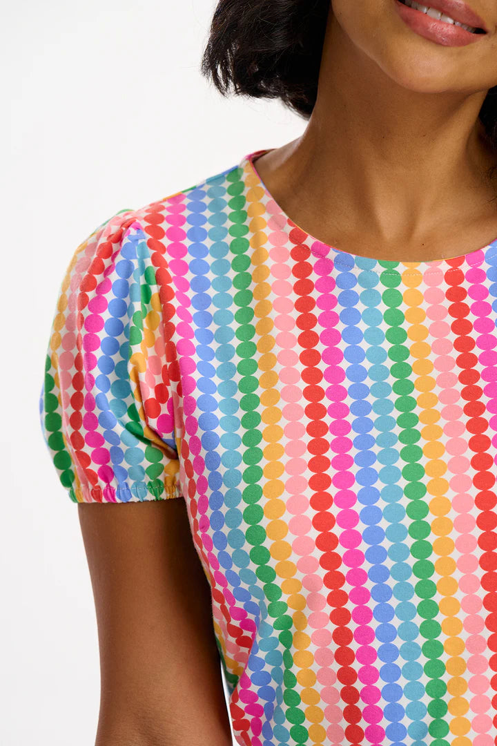 Lexley Jersey Top for Women - Colorful Rainbow Circles Print, Comfortable Stretch Fabric, Casual & Trendy T-Shirt - Perfect for Summer Outfits, Beach Trips, and Everyday Wear