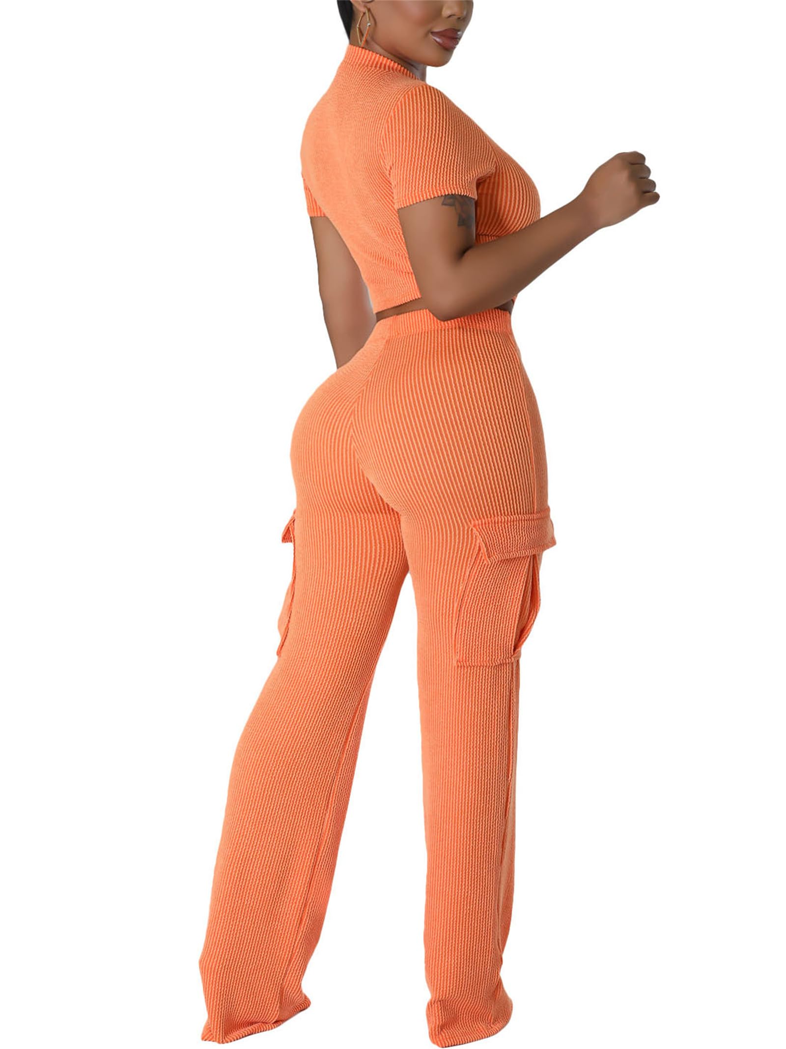 CALEBGAR Women's 2-Piece Outfit - Sexy Wide Leg Cargo Pants Set with Short Sleeve Ribbed Top | Casual Streetwear, Summer Fashion, Club Wear & Date Night Outfits