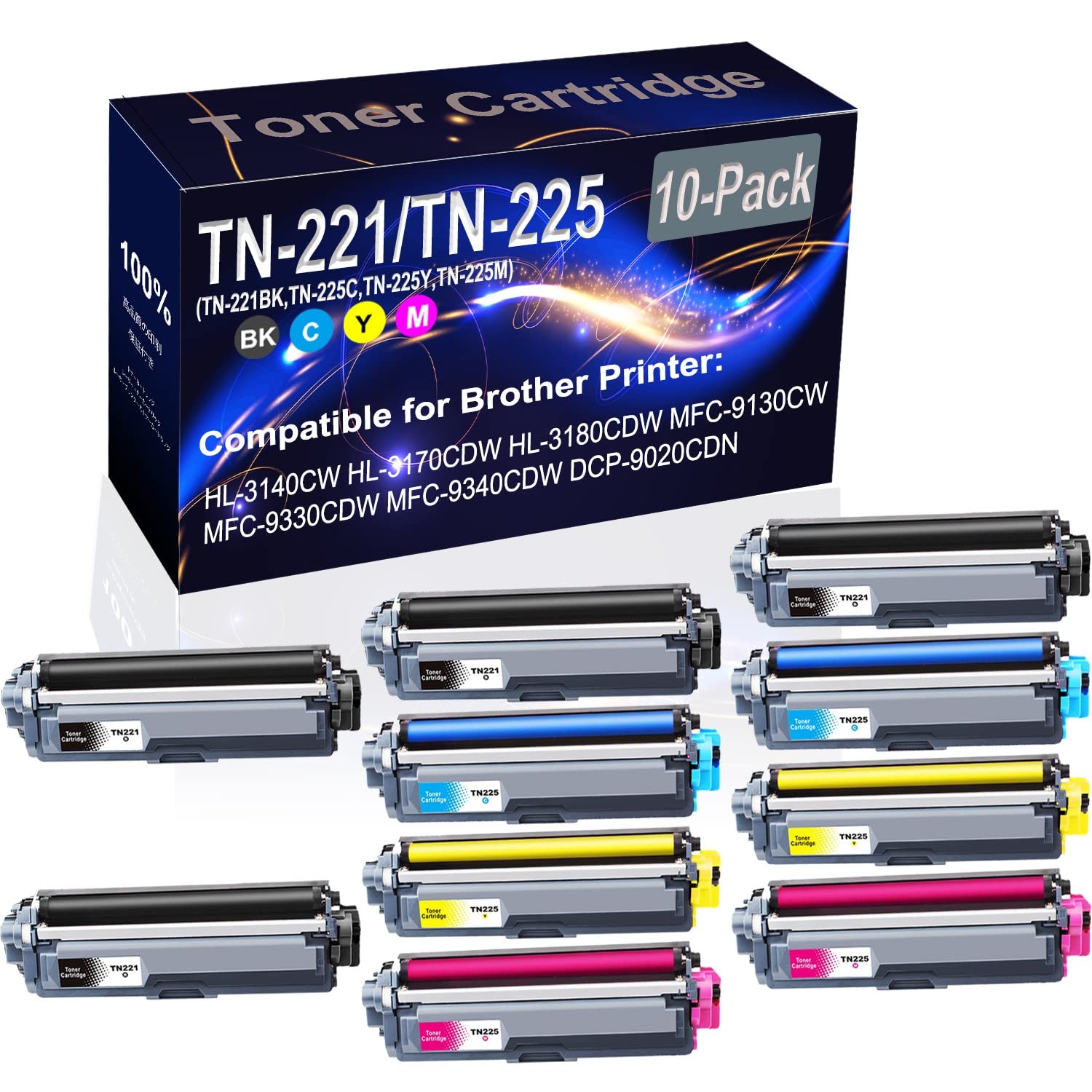 10-Pack High Capacity Compatible HL-3140CW Laser Printer Toner Cartridges (4 Black, 2 Cyan, 2 Yellow, 2 Magenta) - Replacement for Brother TN221 TN225 Series (TN-221BK TN-225C TN-225Y TN-225M) - Perfect for Office Printing & High Volume Document Production