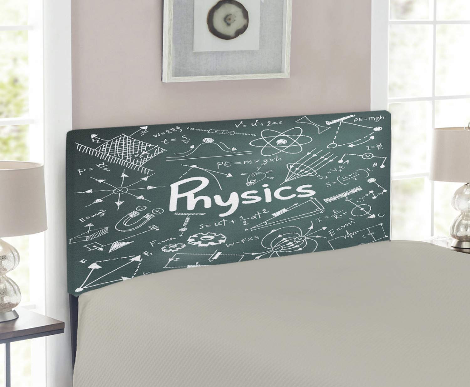 Ambesonne Physics Science Themed Headboard - Mathematical Formula & Equation Design, Upholstered Metal Bed Headboard with Memory Foam, Twin Size in Army Green & White - Perfect for Science Enthusiasts' Bedrooms & Dorm Rooms