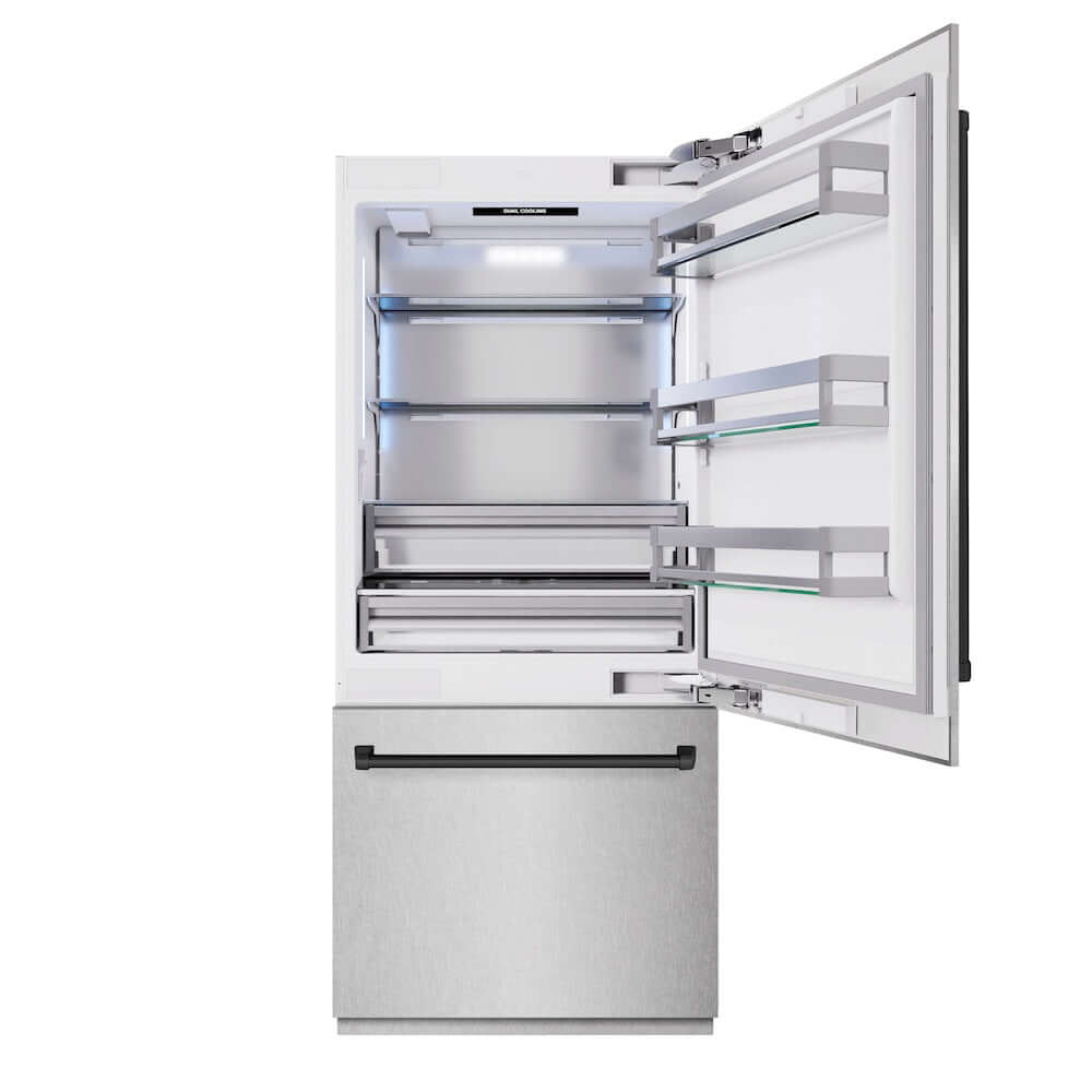 ZLINE Autograph Edition 36 Inch Built-In Bottom Freezer Refrigerator - 19.8 cu.ft Capacity, Water Dispenser & Ice Maker - Satin Stainless Steel with Matte Black Accents (RBITZ SN 36 MB) - Perfect for Modern Kitchens, Open Concept Homes & Luxury Appliances Collection