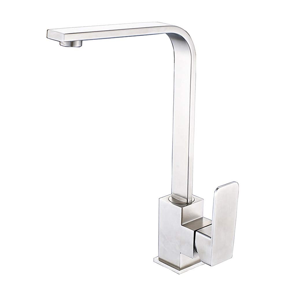 Stainless Steel Single Hole Kitchen Faucet with Pull Down Sprayer - Cold & Hot Water Mixer, Square One Handle 7-Inch Swivel Spout with Aerator for Modern Home Kitchen Sink