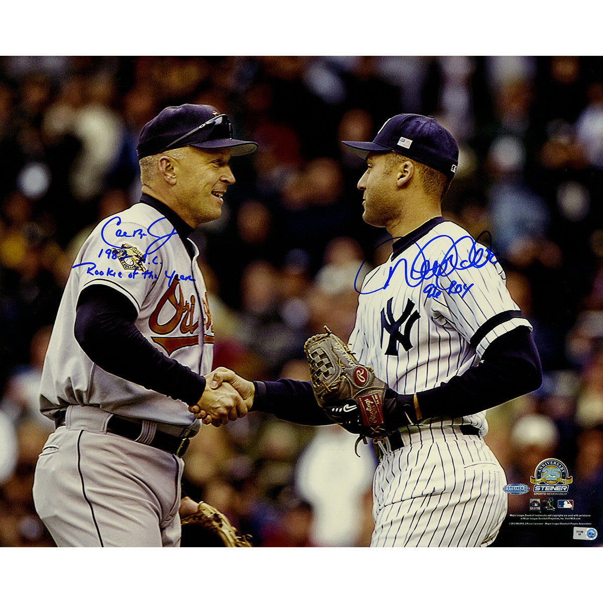 Cal Ripken Jr. & Derek Jeter Autographed 16x20 Photo - Dual Signed Baseball Memorabilia with 1982 AL Rookie of the Year Inscription & 1996 ROY Inscription - Perfect for MLB Fans, Sports Collectors, and Man Cave Decor