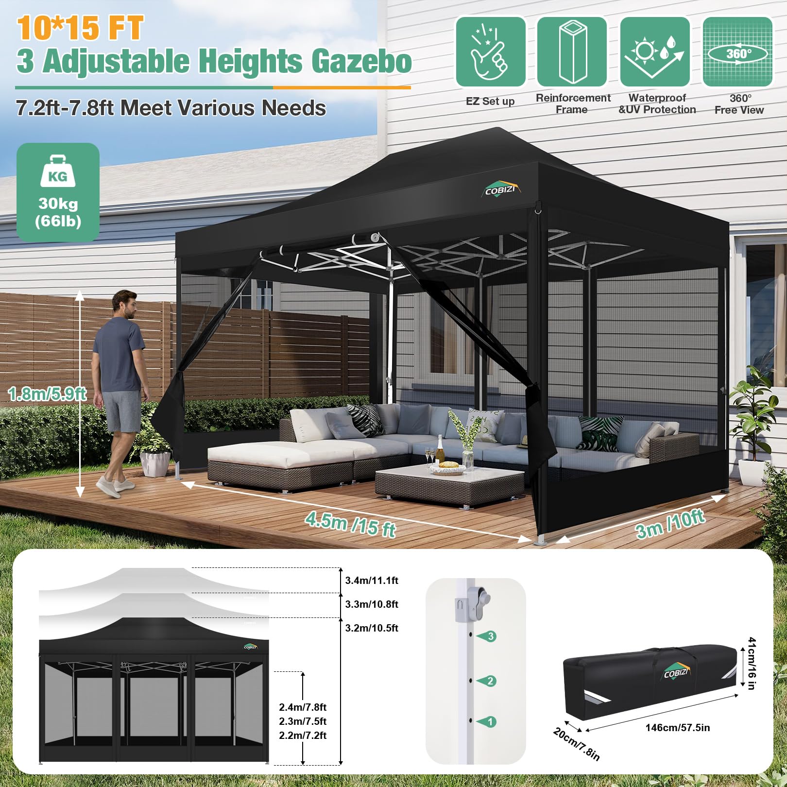 COBIZI 10x15 Heavy Duty Waterproof Pop Up Canopy Tent with Sidewalls & Mosquito Net - Easy Setup Instant Shelter for Outdoor Events, Weddings, Backyard Parties - Includes Carry Bag (Black) | Perfect for Camping, Beach Trips, Farmers Markets and Tailgating