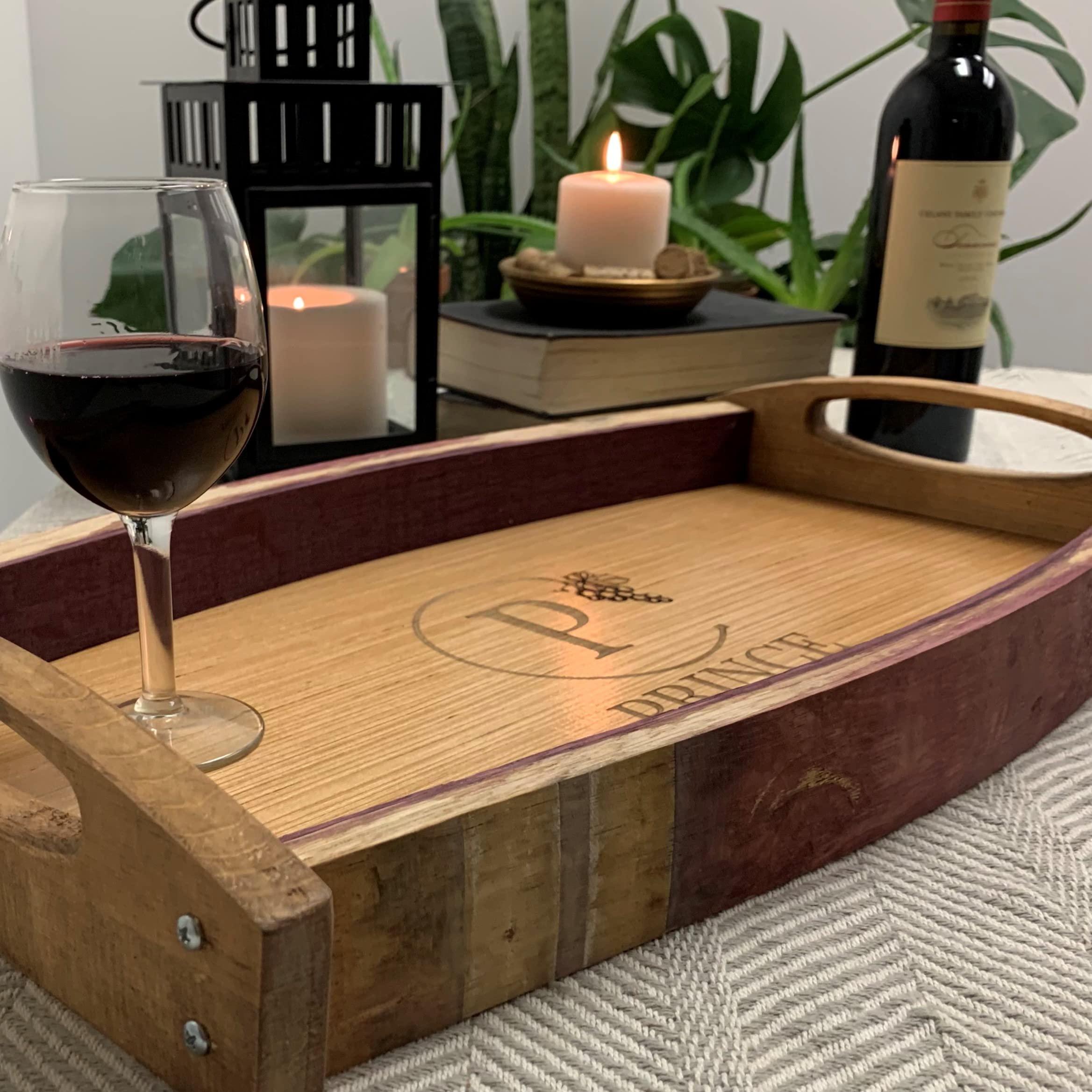 Handmade Personalized Wine Barrel Serving Tray with Hanging Grapes Design - Rustic Charcuterie Board for Wine & Cheese Parties, Wedding Gifts, Home Decor