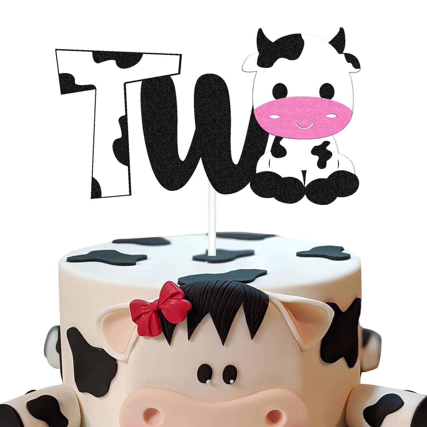 Happy 2nd Birthday Cow Cake Topper - Double Sided Black Sparkle Farm Animal Decorations for Cow Themed 2nd Birthday Party, Zoo Party Supplies - Perfect for Farm Animal Birthday Cakes, Baby Showers & Barnyard Celebrations