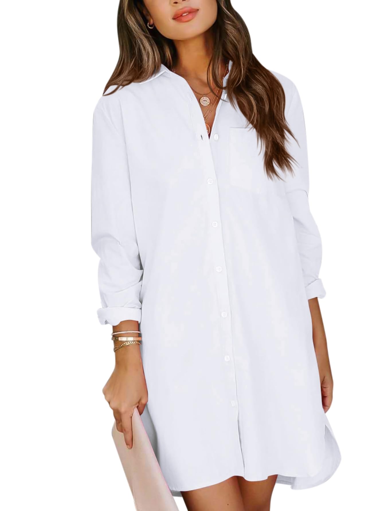 YKR Women's Casual Button Down Shirt Dress - Soft Cotton High-Low Tunic with Long Sleeves & Pockets | Office Wear, Date Night Outfit, Spring Summer Layering Essential