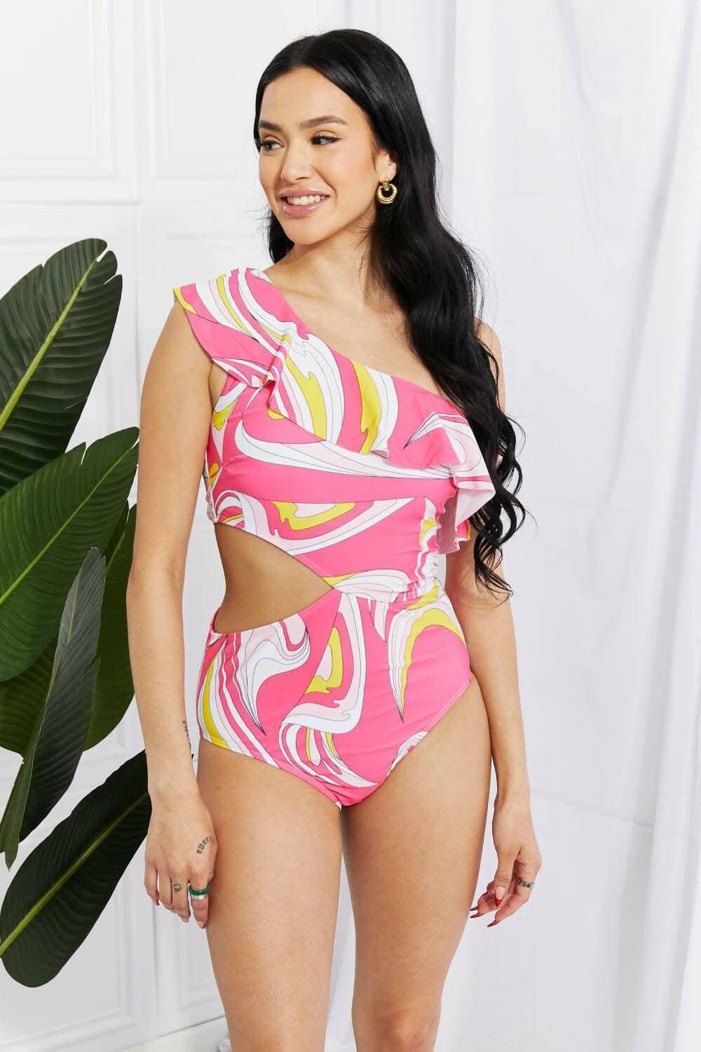 Trendy One Shoulder Pink Swimwear by Marina West - Perfect for Beach Vacations, Pool Parties & Summer Getaways