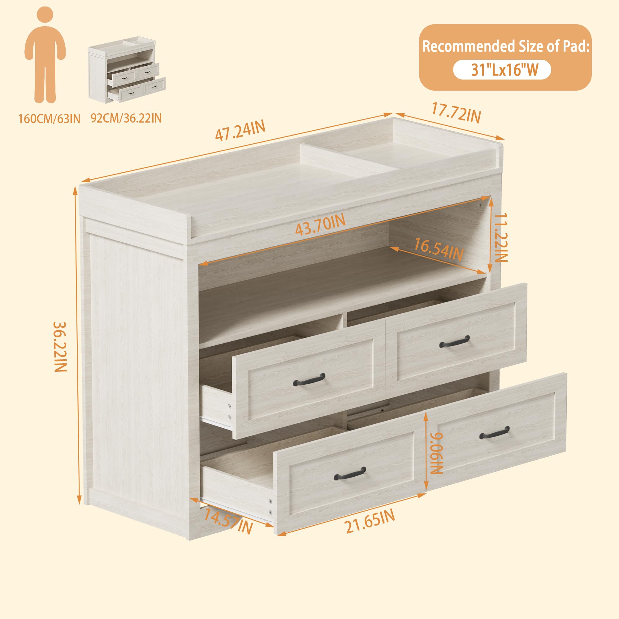 Baby Changing Table Dresser with LED Light - 4-Drawer Nursery Storage Organizer with Changing Station Top for Infants - Perfect for Diaper Changes & Nursery Organization (Beige)