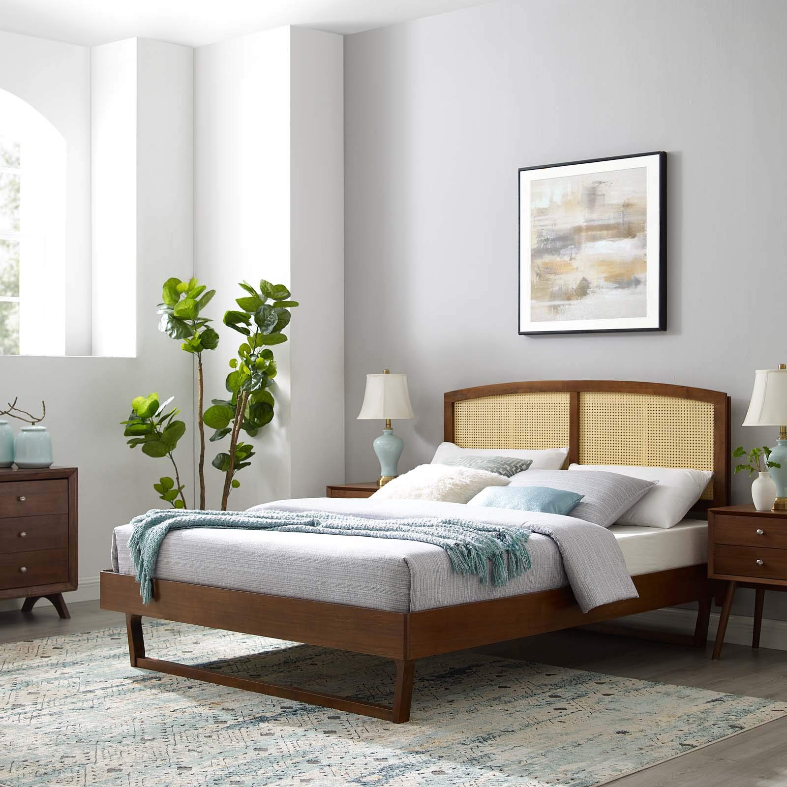 Modway Sierra Cane & Wood Queen Platform Bed with Angular Legs - Walnut Finish | Modern Minimalist Bed Frame for Bedroom, Guest Room & Dorm