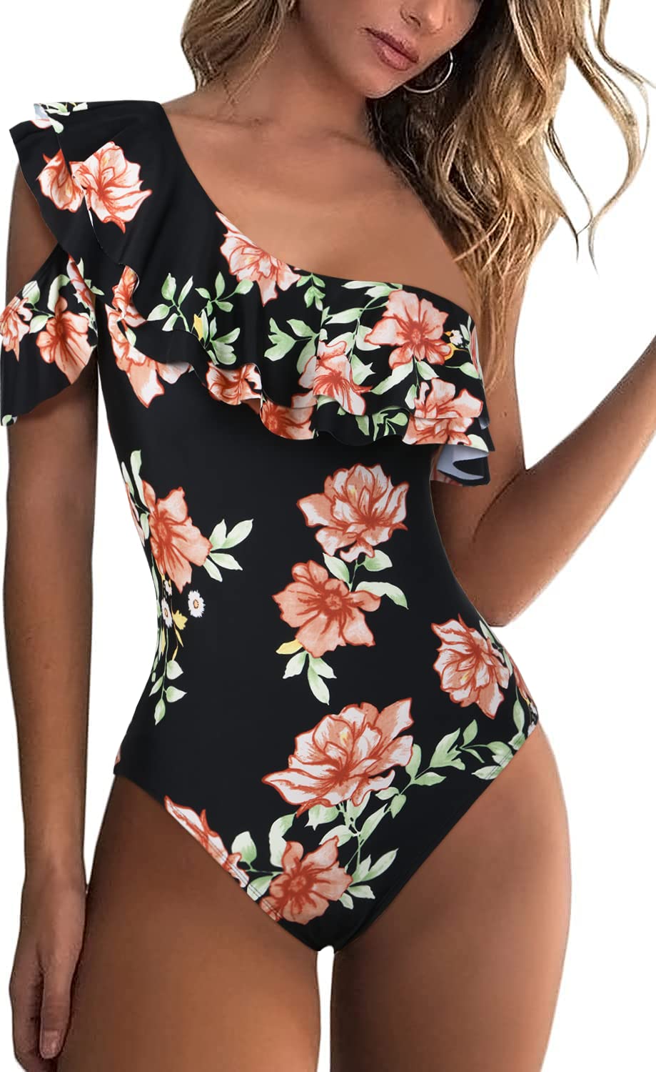 Hilor Women's One Shoulder Asymmetric One Piece Swimsuit with Ruffles - Sexy Bathing Suit for Beach, Pool Party & Summer Vacation