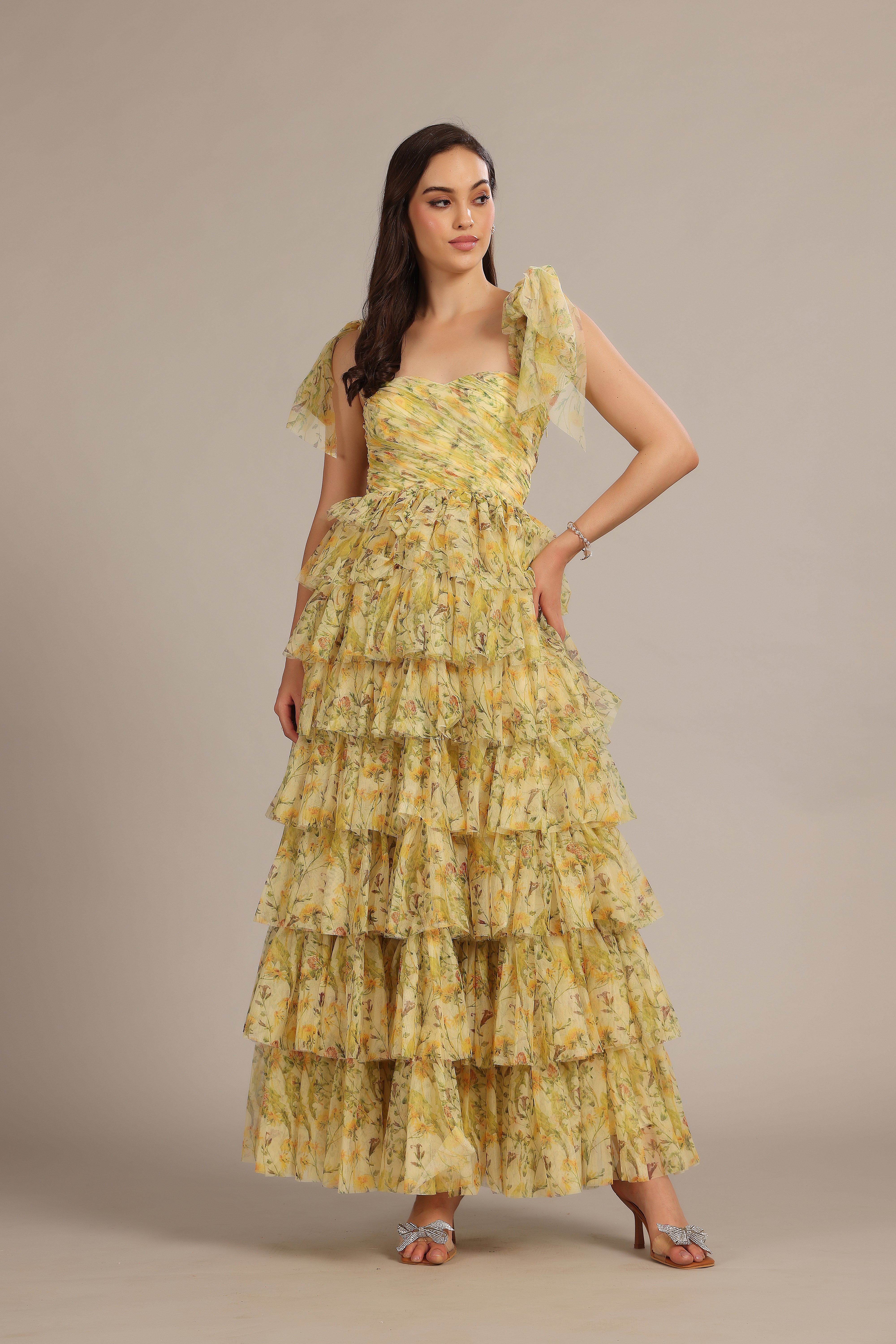 Ophelia Yellow Floral Maxi Dress with Tie Detail - Women's Summer Boho Dress for Beach, Vacation & Outdoor Events