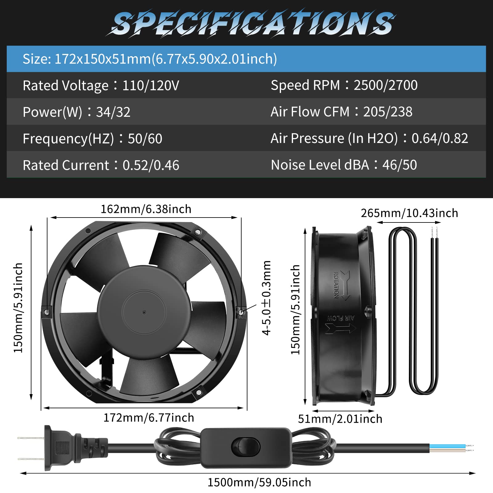 172mm High Speed Axial Muffin Fan with Switch - 110V/120V Cooling Fan for DIY Ventilation, Exhaust & Cooling Projects - Perfect for Chicken Coops, Crawl Spaces, Industrial Use, Doorways & Server Rooms