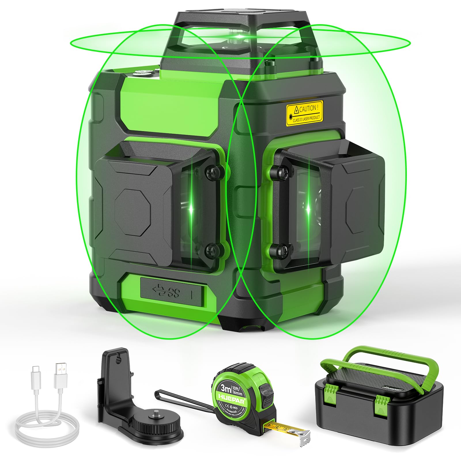 Huepar HM03CGTP 3D Cross Line Laser Level - 3 x 360° Self-Leveling Green Beam with Li-ion Battery, USB-C Charging, Hard Case & Tape Measure | Perfect for Construction, Renovation, Tile Installation & DIY Home Projects
