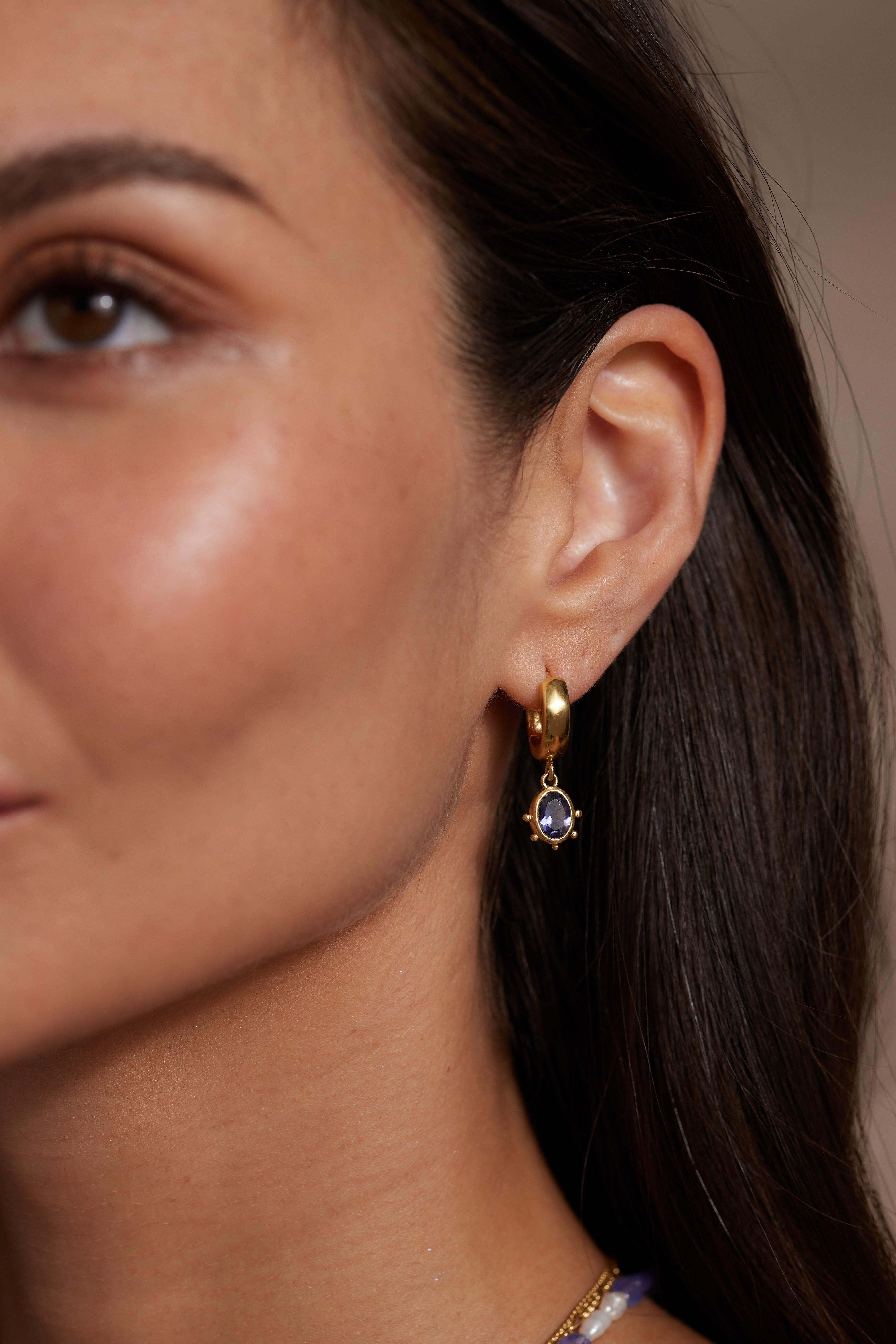 Genuine Iolite Gold Huggie Hoop Earrings for Women - Elegant & Hypoallergenic - Perfect for Everyday Wear, Parties & Gifts