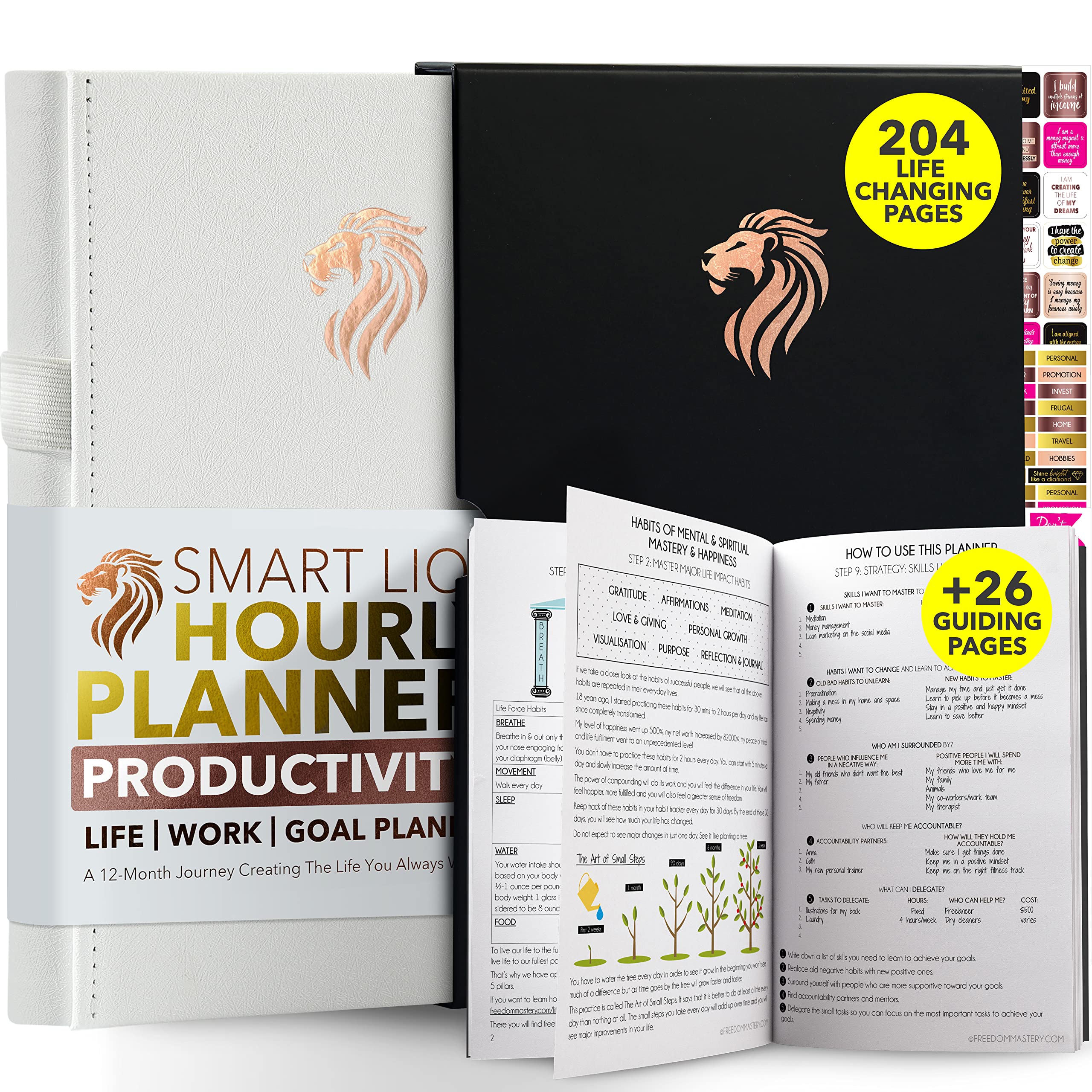 12-Month Undated Hourly Planner for Life & Work - Goal Setting, Productivity & Happiness Journal | Weekly & Monthly Planner for Men & Women (A5, White, V Lion) | Perfect for Office, School & Personal Organization