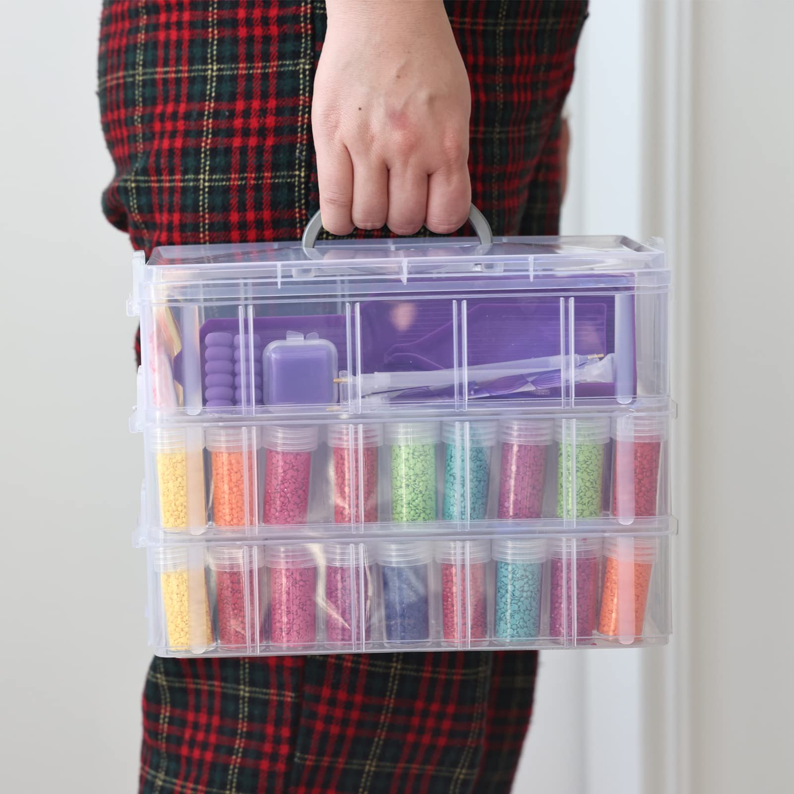 QUEFE 3-Tier Clear Stackable Diamond Painting Storage Box - 100 Slot Bead Organizer with Accessories for DIY Art Crafts, Jewelry Making & Bead Storage | Perfect for Home Decor, Gift Wrapping & Craft Room Organization