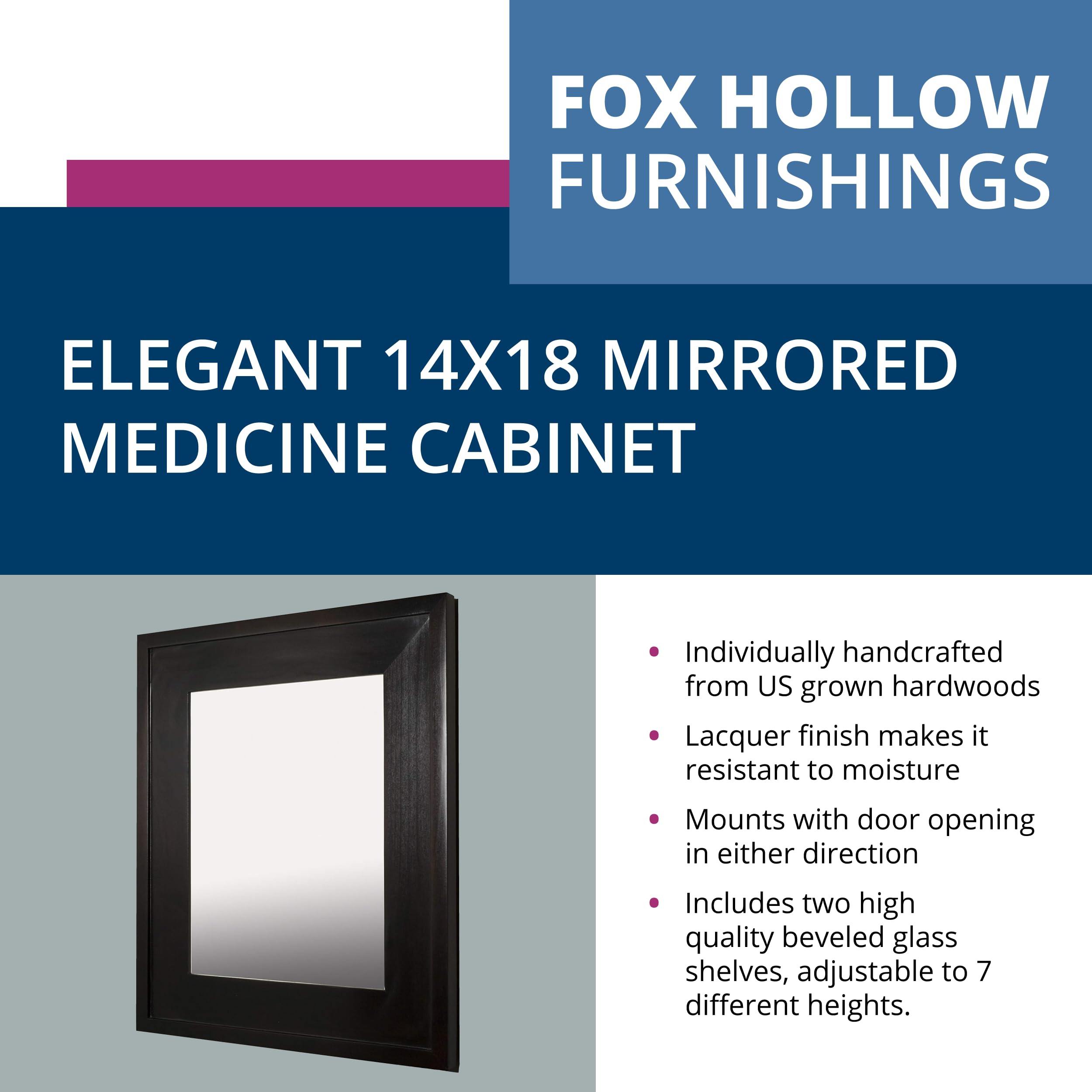 Fox Hollow Furnishings 14x18 Inch Recessed Medicine Cabinet with Mirror - Wall Mounted Bathroom Storage with 2 Adjustable Shelves, Concealed Design (Coffee Bean Finish) - Perfect for Small Bathrooms, Powder Rooms and Vanity Areas