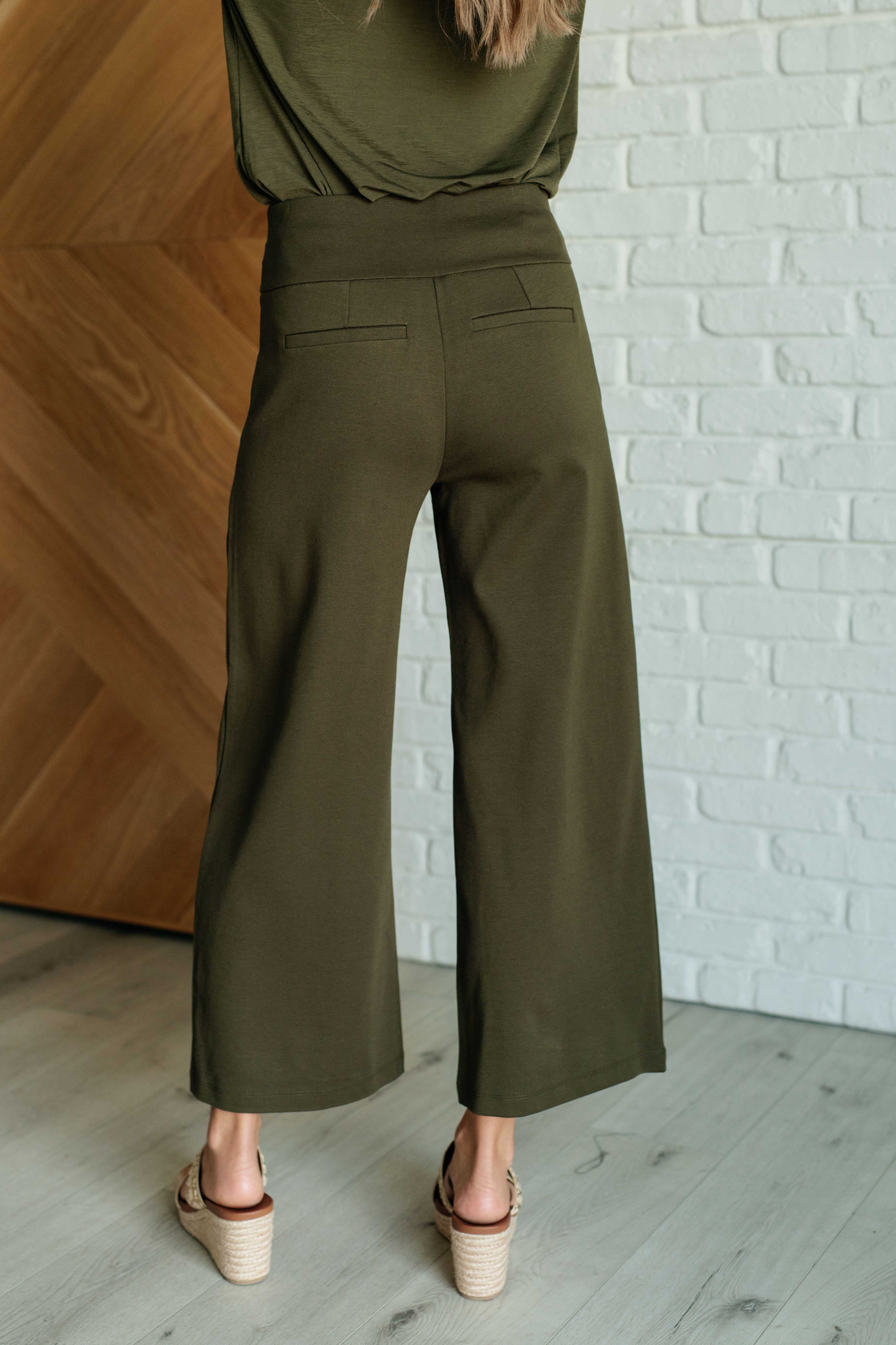 Stylish Olive Green Magic Wide Leg Crop Pants for Women - Comfortable High Waist Palazzo Trousers for Casual Wear, Office & Summer Outfits