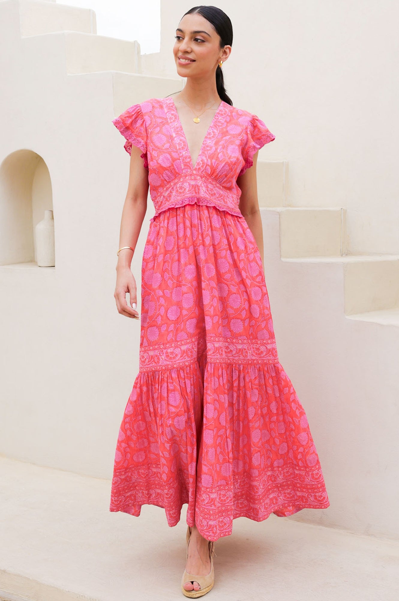 Pippa Block Print Dress | Floral Printed Summer Dress for Women | Mara Red & Pink | Perfect for Beach, Vacation & Casual Outings