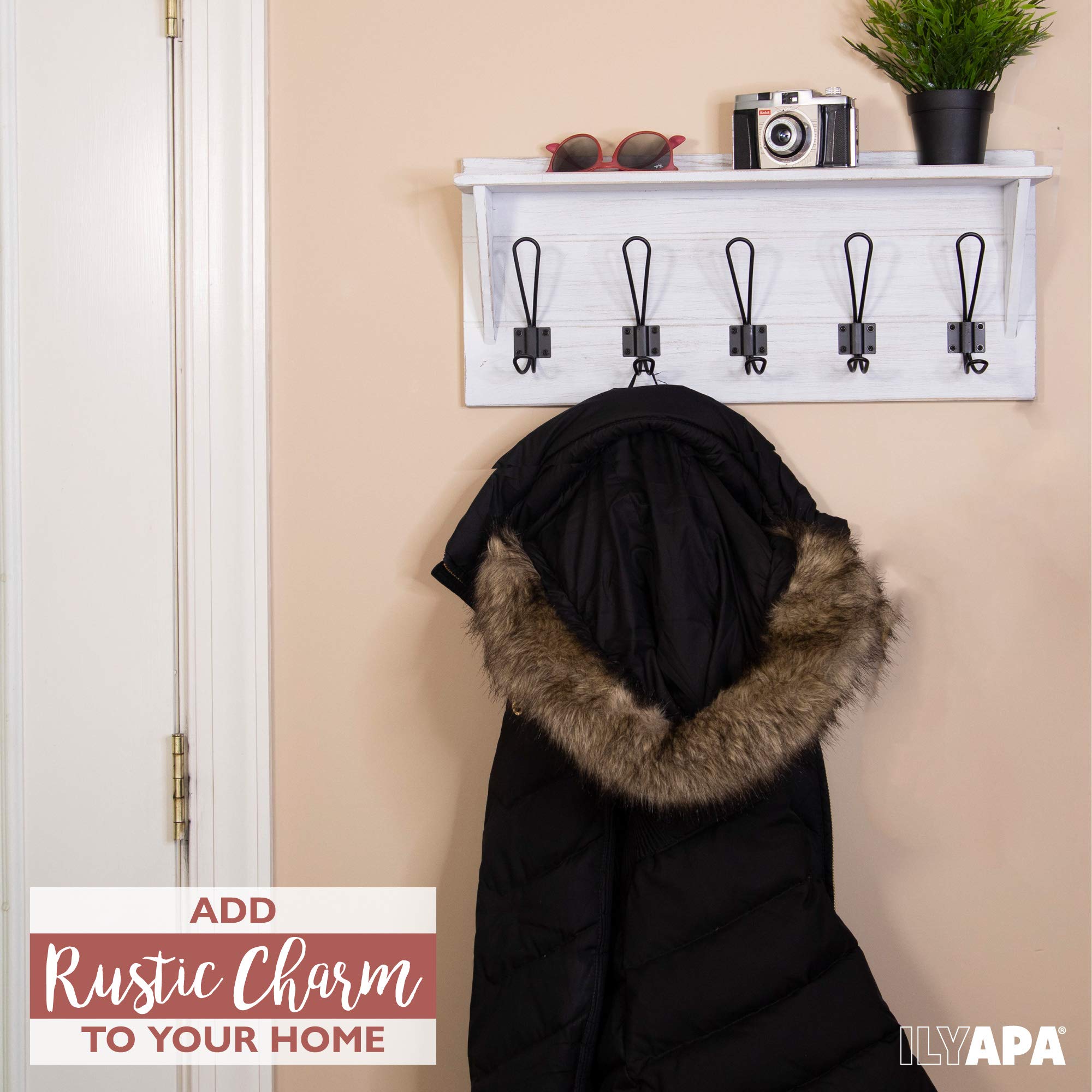 Ilyapa White Coat Rack Wall Mount with Shelf - Wooden Wall Mounted Coat Hanger with 5 Metal Hooks - Perfect for Hats, Jackets, Kitchen Towels & Bedroom Organization - Weathered White Finish - Ideal for Entryway, Mudroom, Bathroom & Home Decor