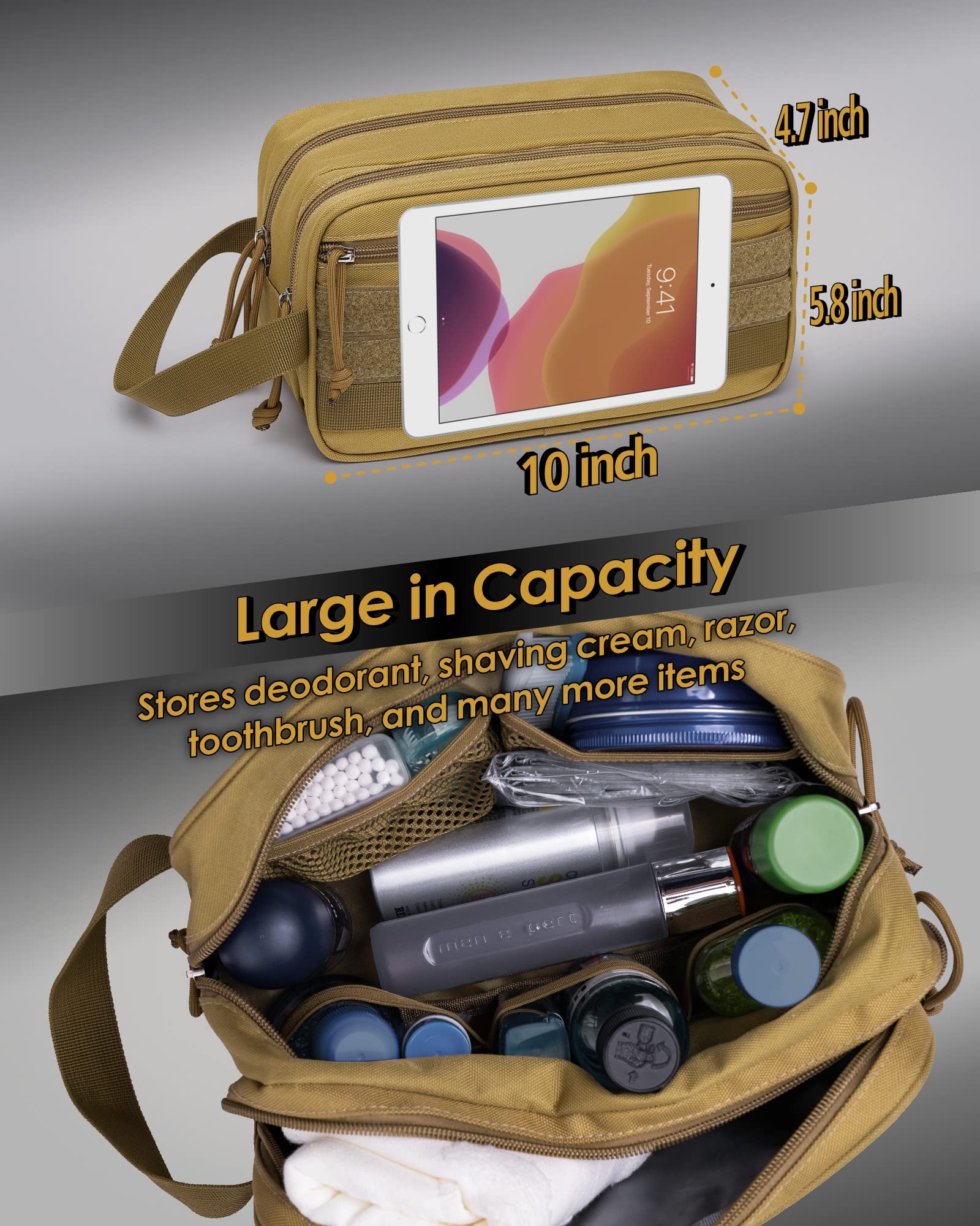 TACTICISM Men's Travel Toiletry Bag - Large Capacity Water-Resistant Shaving Kit with Wet/Dry Separate Compartments & MOLLE System - Perfect for Camping, Gym, Business Trips & Outdoor Adventures (Brown)