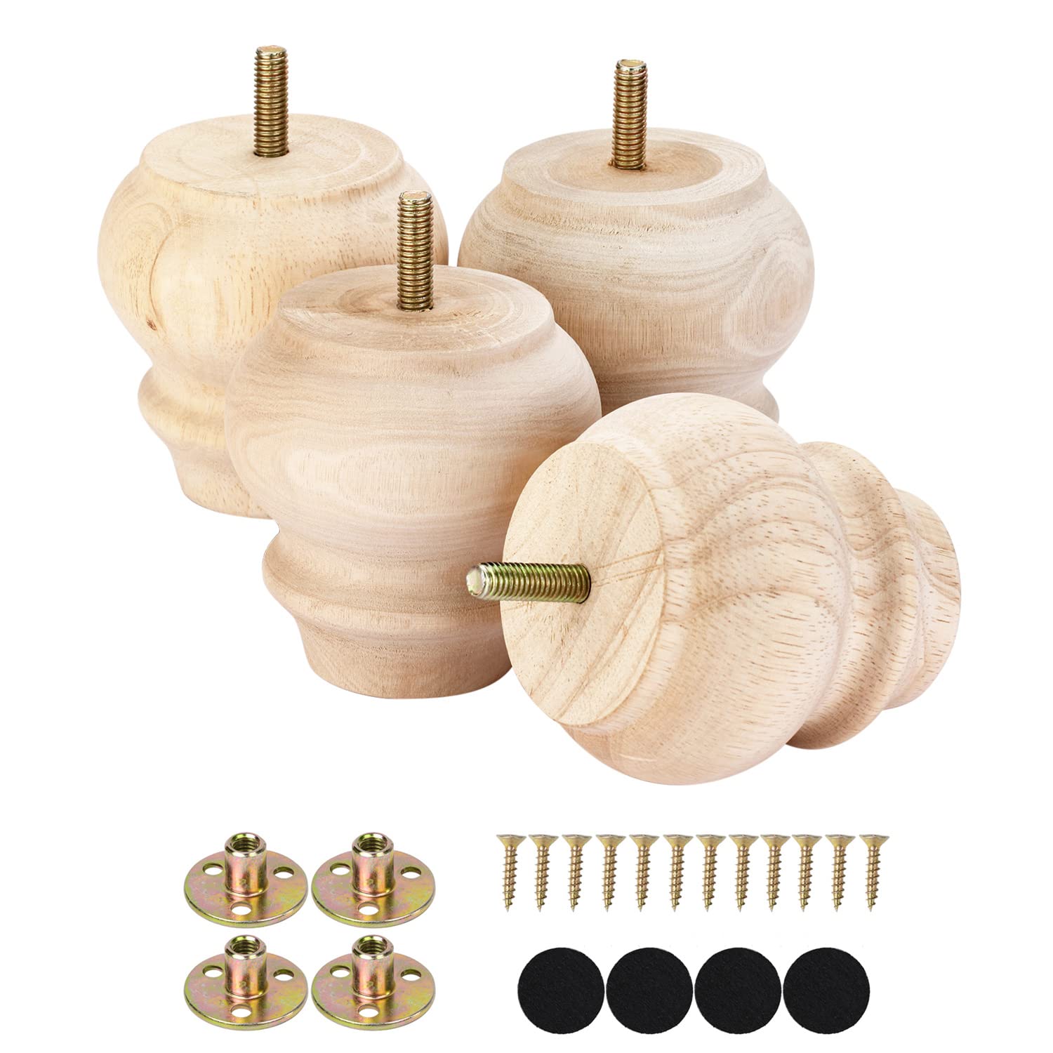 Maricome 3 Inch Unfinished Wooden Bun Feet - Set of 4 Screw-in DIY Replacement Legs for Sofa, Ottoman & Furniture | Perfect for Home Decor, Couch Restoration & DIY Projects