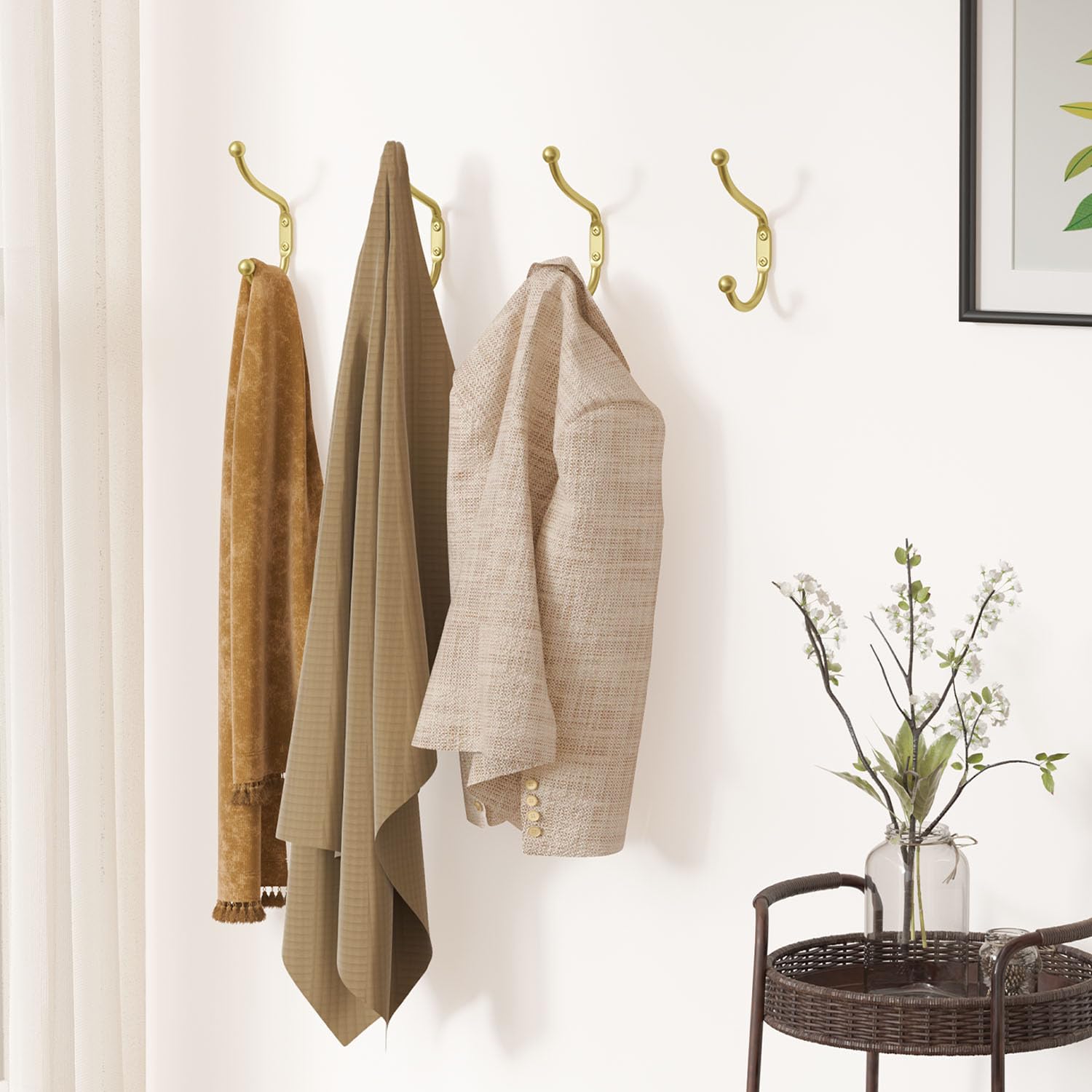 4 Pack Heavy Duty Gold Wall Mount Coat Hooks - Durable Metal Hooks for Hanging Clothes, Towels, Hats, Keys & Coats - Perfect for Mudroom, Entryway, Bathroom & Closet Organization
