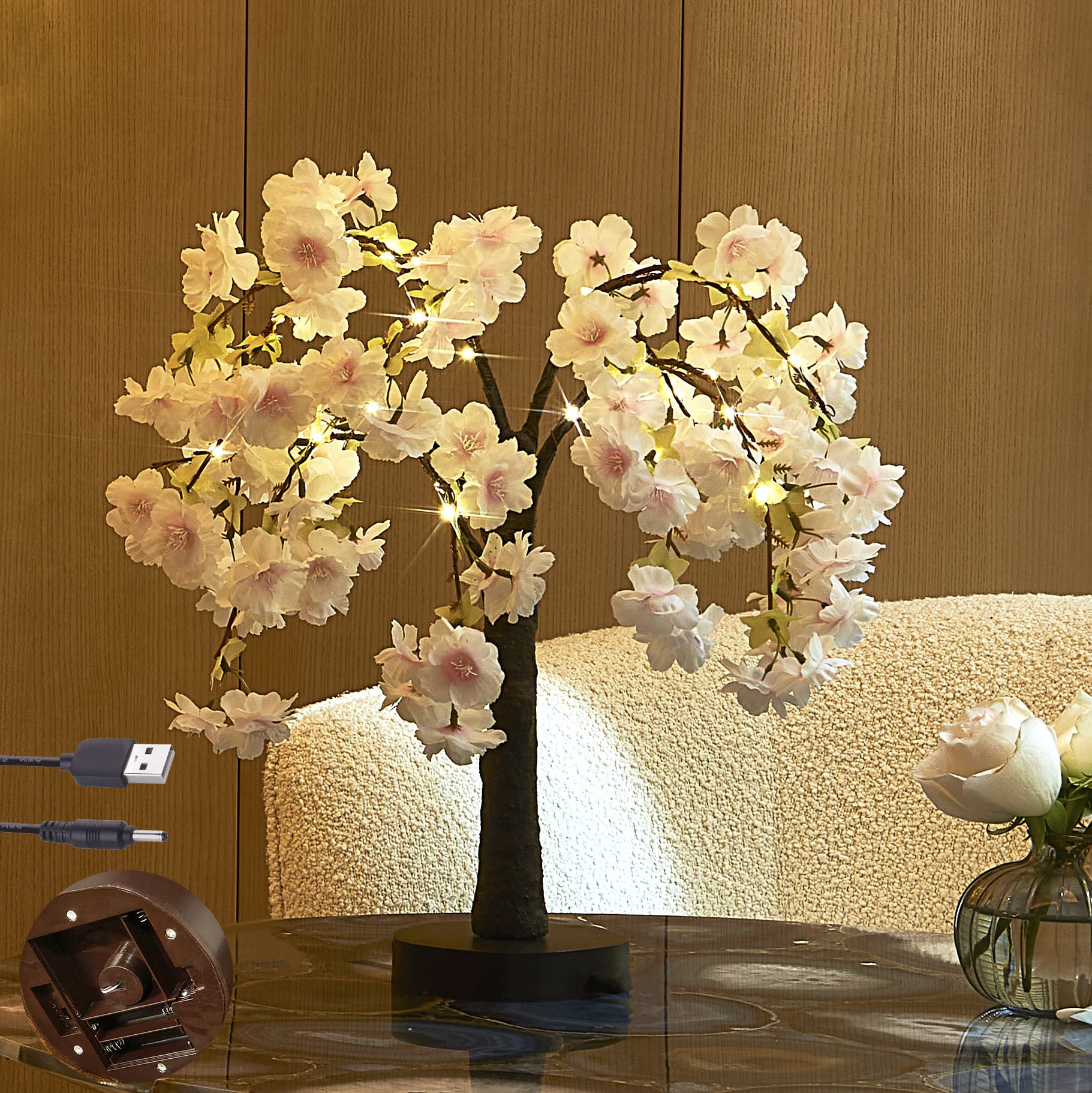 LITBLOOM 18IN Pink LED Cherry Blossom Tree with Timer - 40 Warm White Lights, USB/Battery Powered Artificial Bonsai for Wedding, Party, Home, Birthday Decor - Perfect for Tabletop, Bedroom, and Garden Ambiance