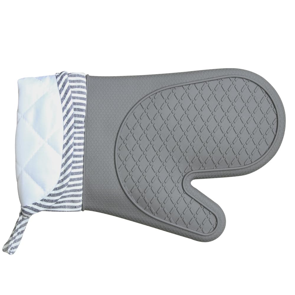 MIJOTEX Heat Resistant Silicone Oven Mitts & Gloves Set - 2 Extra Long 13-inch Quilted Liner Mittens (Grey) for Baking, Grilling & Kitchen Safety