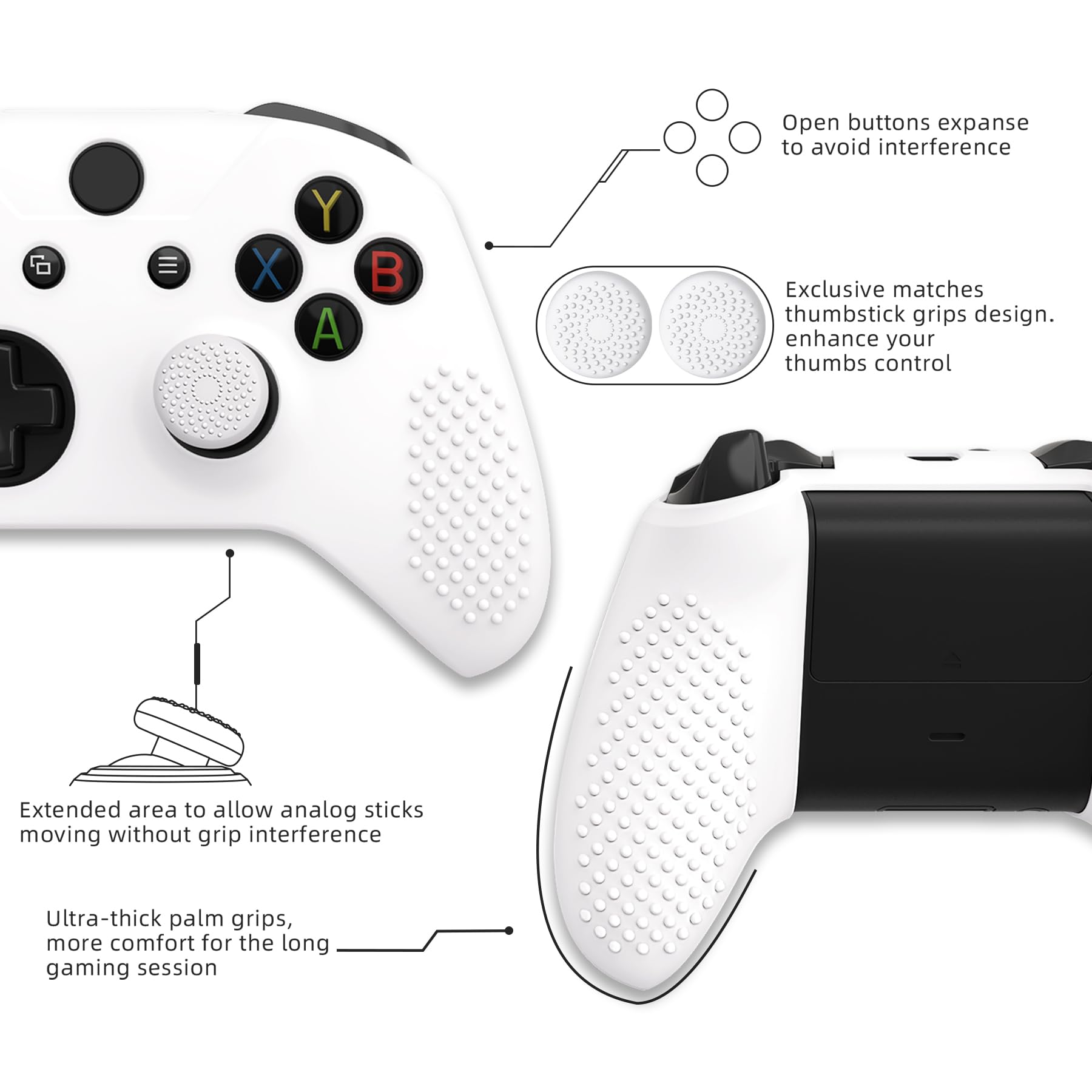 eXtremeRate PlayVital Soft Anti-Slip White Silicone Cover & Black Thumb Grips for Xbox One X/S Controller - Protective Skin Case (Controller Not Included) - Perfect for Gaming, Streaming & Long Play Sessions