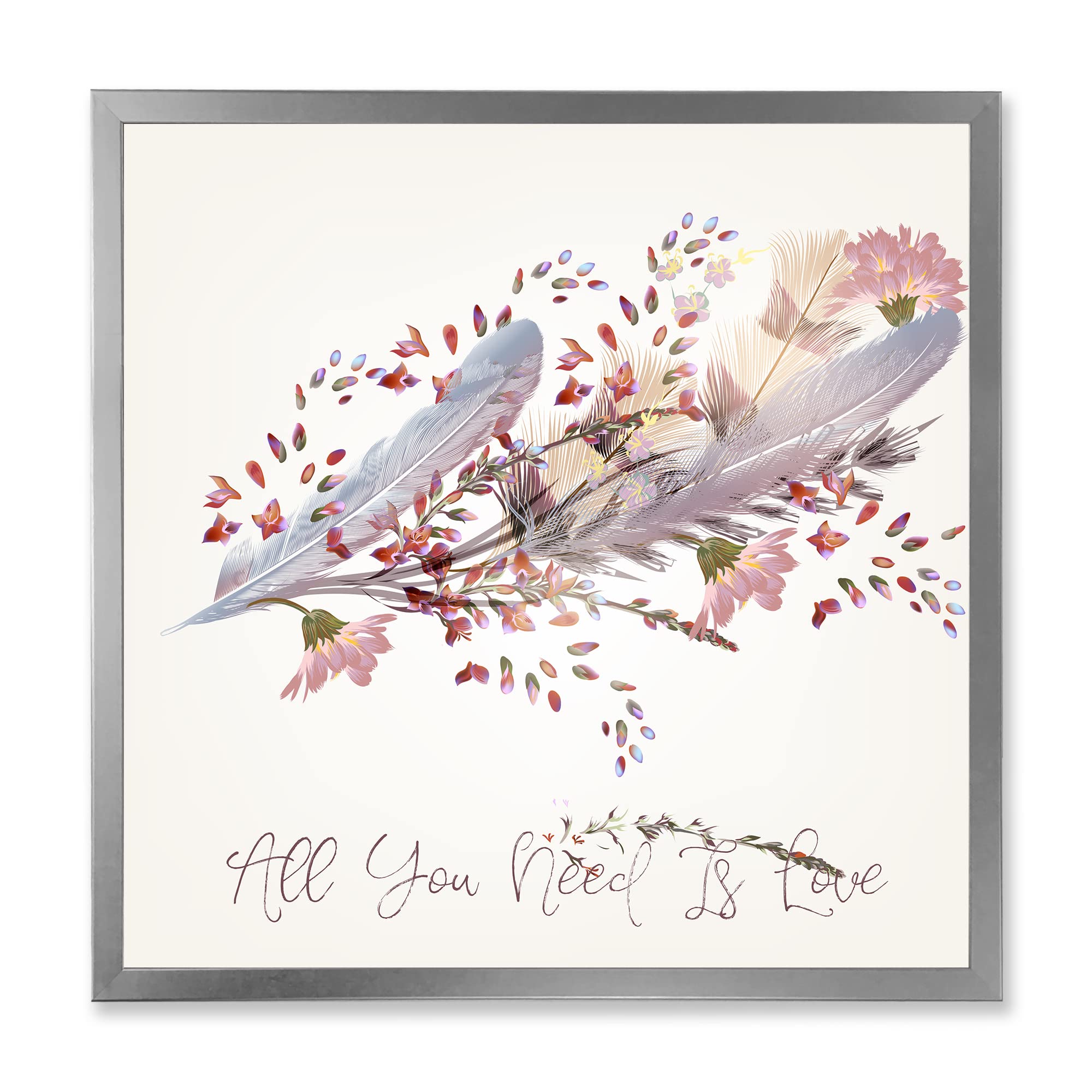 Handmade Bohemian Wall Art Decor - Pink Feathers & Birds 'All You Need Is Love' Canvas Painting for Living Room, Bedroom & Home | Perfect for Boho Style Interiors, Wedding Gifts, Nursery Decor & Housewarming Presents | Ideal for Bohemian Themed Spaces, Girls' Rooms & Cozy Reading Nooks