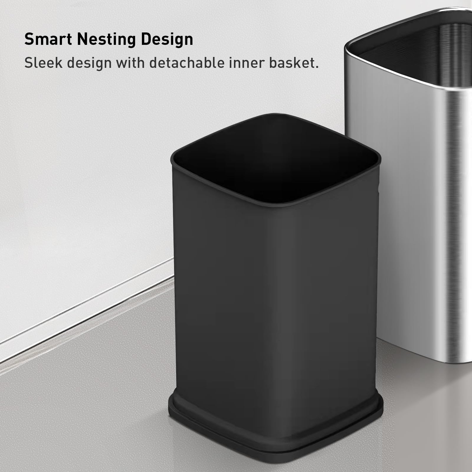 EKO 2-Pack Stainless Steel Open Top Trash Can with Removable Inner Basket - 1.8 & 3.2 Gallon Square Small Garbage Bin Combo for Kitchen, Bathroom, Office & Home Use - Perfect for Waste Disposal & Recycling Organization