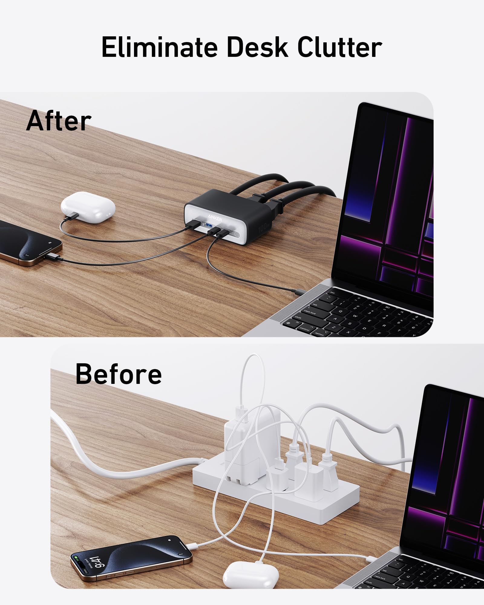 Anker Nano 100W 7-in-1 USB C Charging Station with Power Delivery - 3 AC Outlets, 2 USB A & 2 USB C Ports - Compatible with iPhone 16/15/14, MacBook Air/Pro - 5ft Thin Cord for Home, Office & Travel (Black)