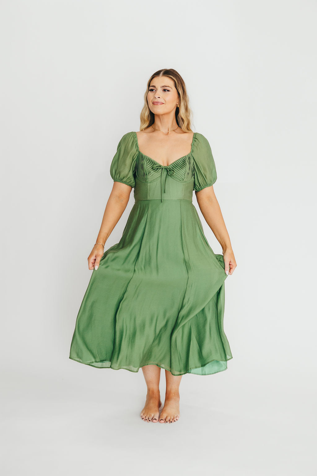 Stevie Bustier Midi Dress in Green | Elegant Bodycon Cocktail Dress for Women | Perfect for Weddings, Parties & Date Nights