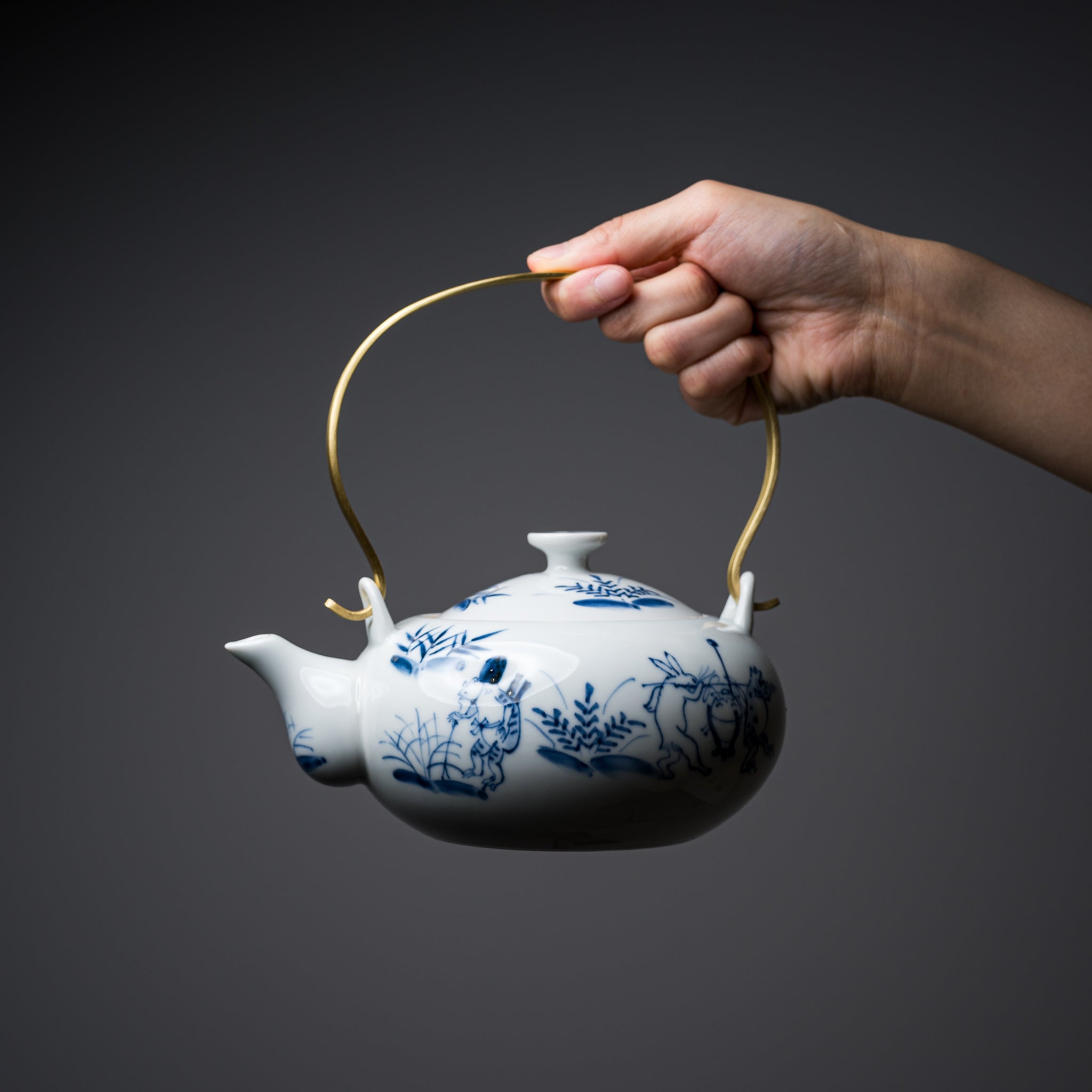 Handmade Kyo Kiyomizu Ware Sometsuke Kozanji Teapot with Rattan Handle - Authentic Japanese Ceramic Teapot for Tea Ceremony & Home Decor