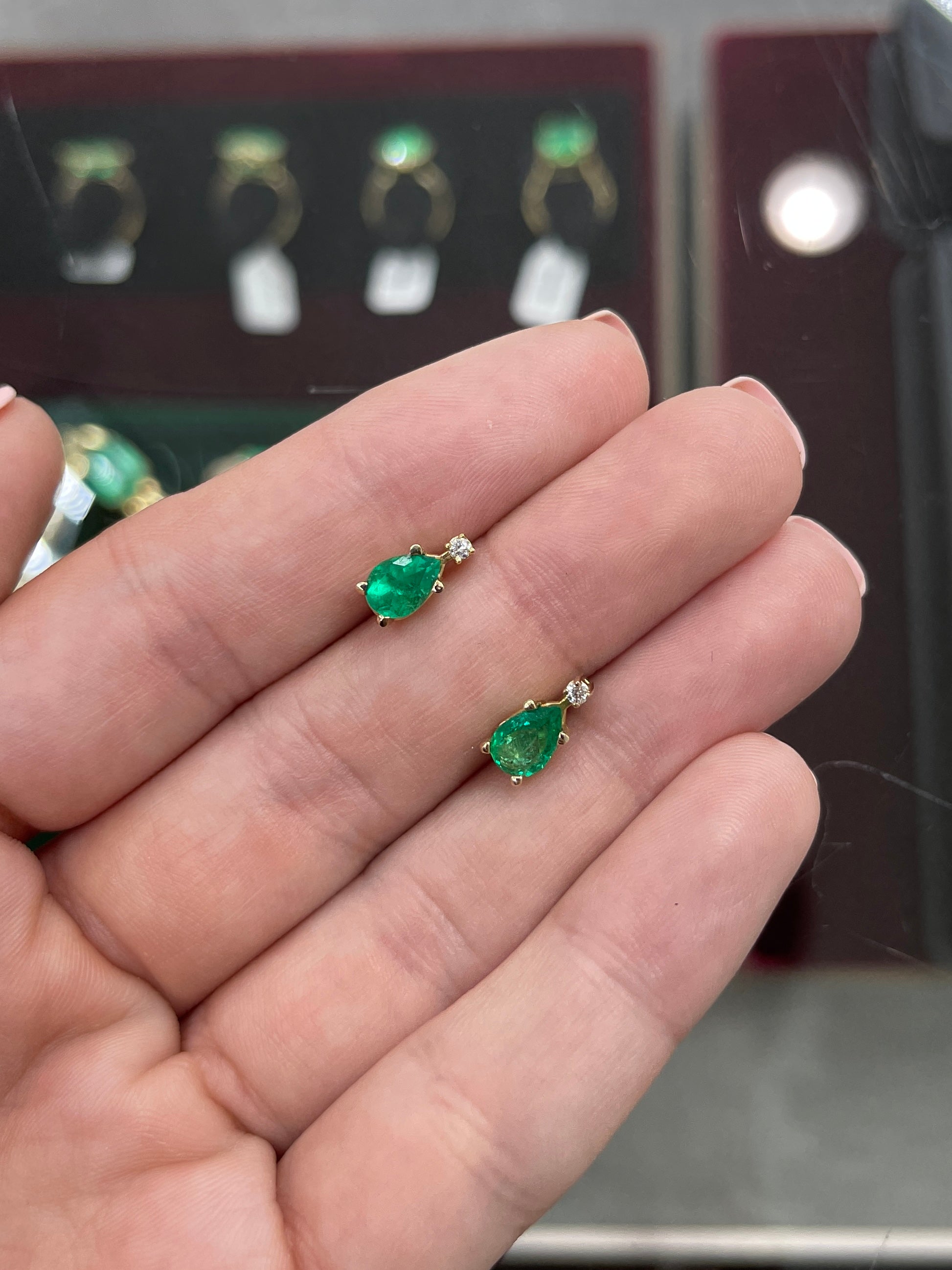 1.41tcw 14K Gold Colombian Emerald and Diamond Stud Earrings - Pear Cut Natural Gemstone Jewelry for Women, Perfect for Weddings & Special Occasions