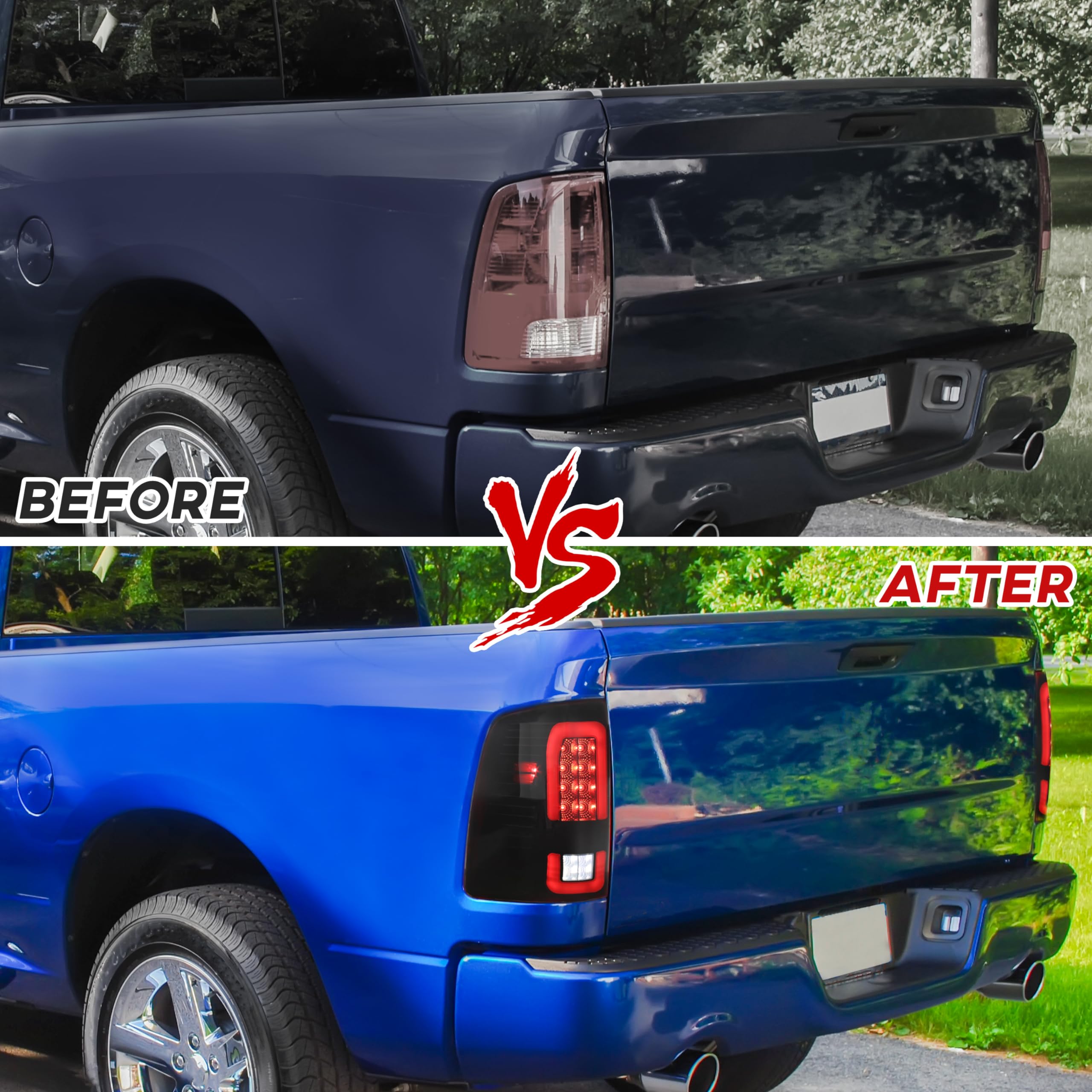 KEWISAUTO Full LED Tail Light for Dodge RAM 1500 2500 3500 2009-2018 - Smoked Rear Brake Light with Turn Signal & Running Lights - Direct Replacement IP67 Waterproof - Perfect for Off-Roading & Night Driving