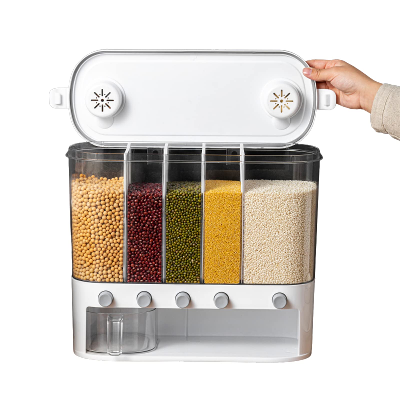 12L 5-Grid Sealed Rice Dispenser - Moisture Proof Wall Mounted Dry Food Storage Container - Strong Grain Bucket for Kitchen, Cereal, Corn & Pet Food - Perfect for Pantry Organization & Bulk Food Storage
