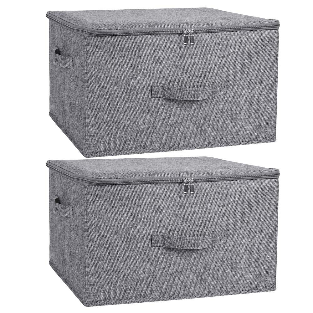 ANMINY 2-Pack Extra Large Foldable Storage Bins with Zipper Lids & Handles - PP Plastic Board & Cotton Linen Fabric Closet Organizer for Clothes, Toys, Home Organization (Gray) - Perfect for Bedroom, Closet & Kids Room Storage Solutions