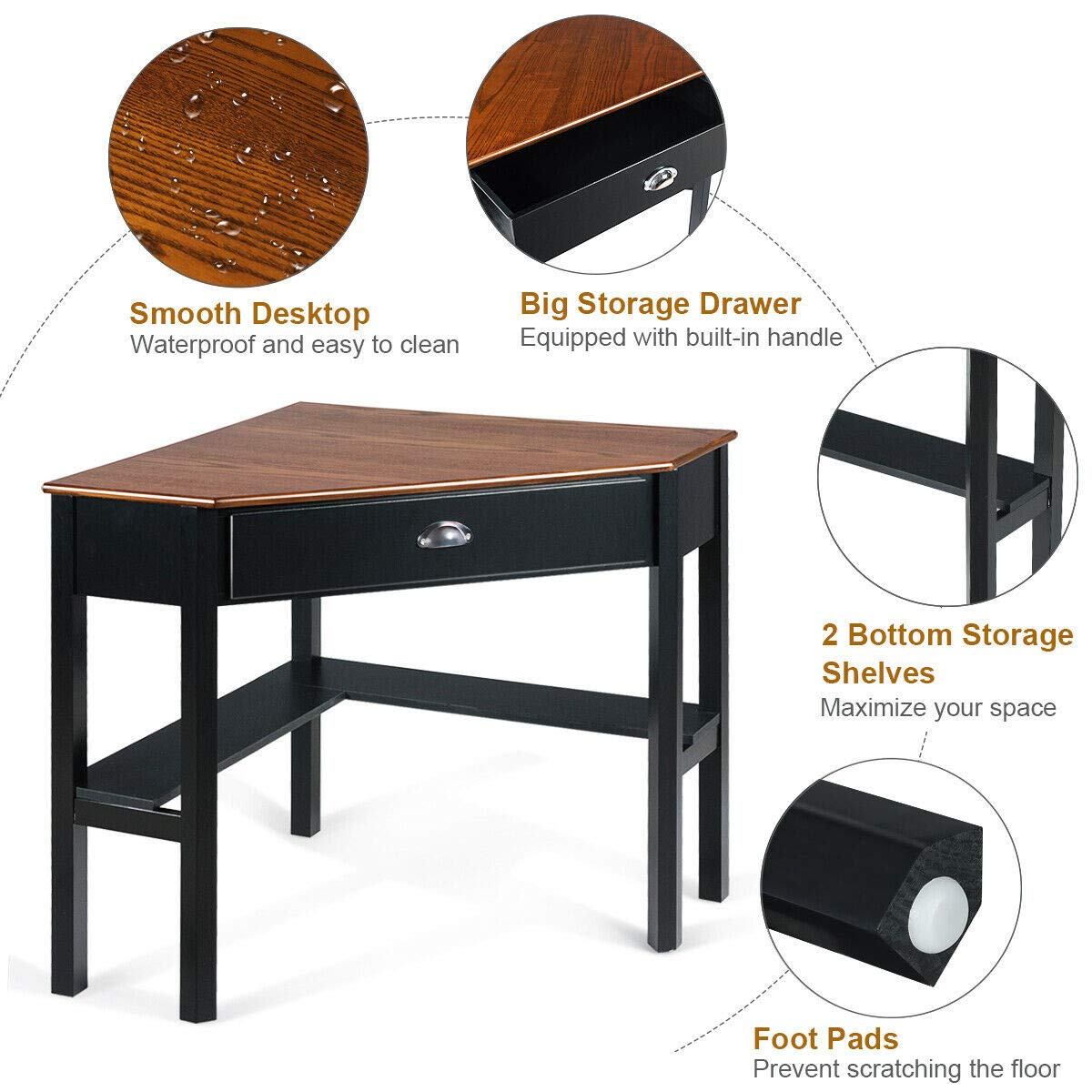 Compact Corner Desk for Home Office - 90° Triangle Computer & Laptop Writing Desk with Storage Shelf & Drawer - Space-Saving Small Office Furniture for Apartments & Dorm Rooms (Coffee Finish)