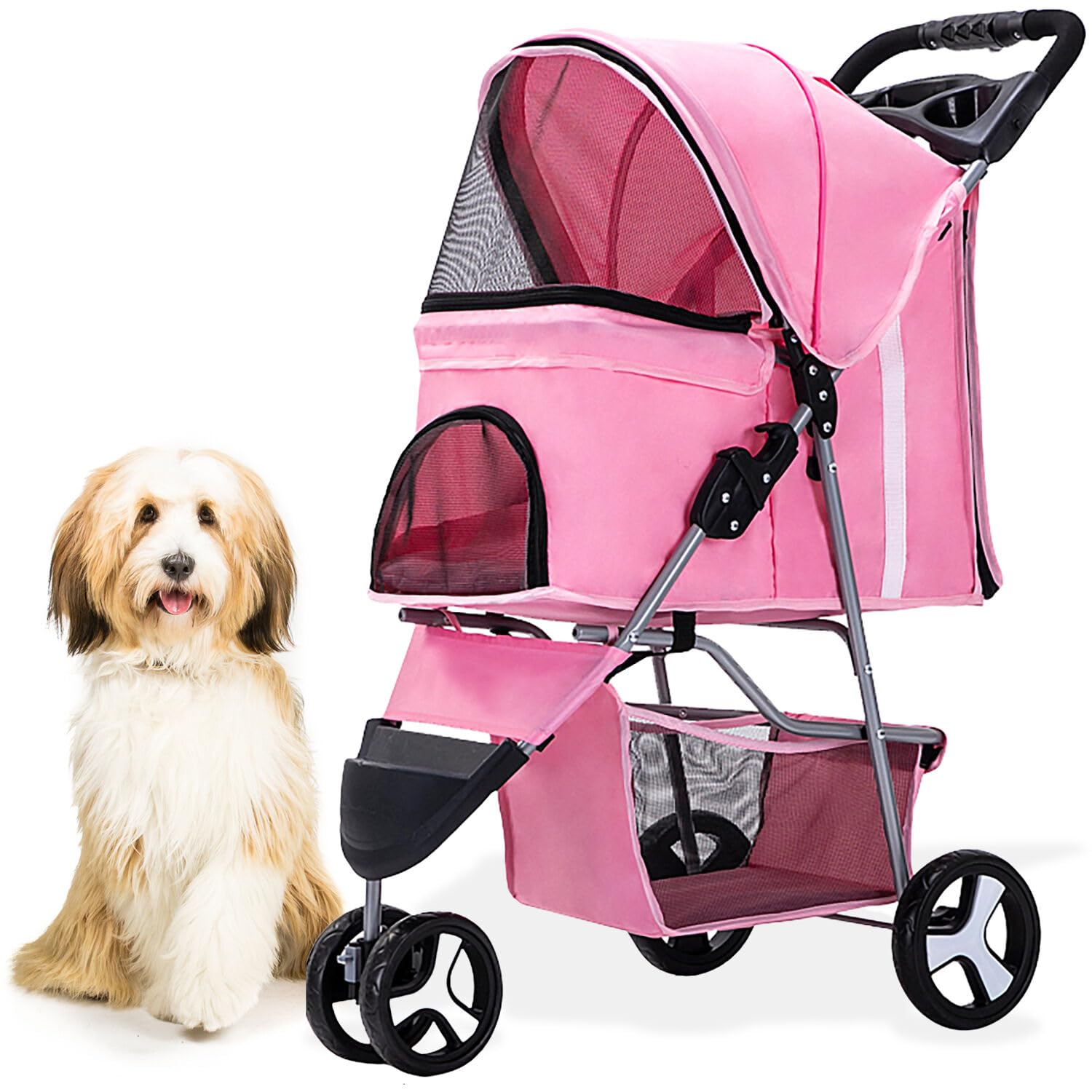 Critter Sitters 3-Wheel Jogging Dog Stroller - Lightweight Pet Stroller for Medium Dogs & Cats Up to 33lbs with Storage Basket & Cup Holders - Perfect for Running, Walking, Shopping & Outdoor Adventures (Pink)