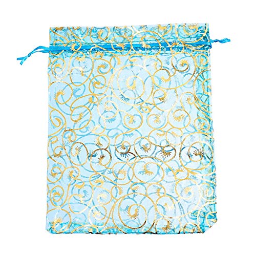 100PCS 4x6 Inch Sky Blue Floral Organza Gift Bags for Wedding Favors, Christmas Gifts, Jewelry Packaging - Small Drawstring Pouches for Party Decorations, Bridal Shower Favors & Holiday Gift Wrapping