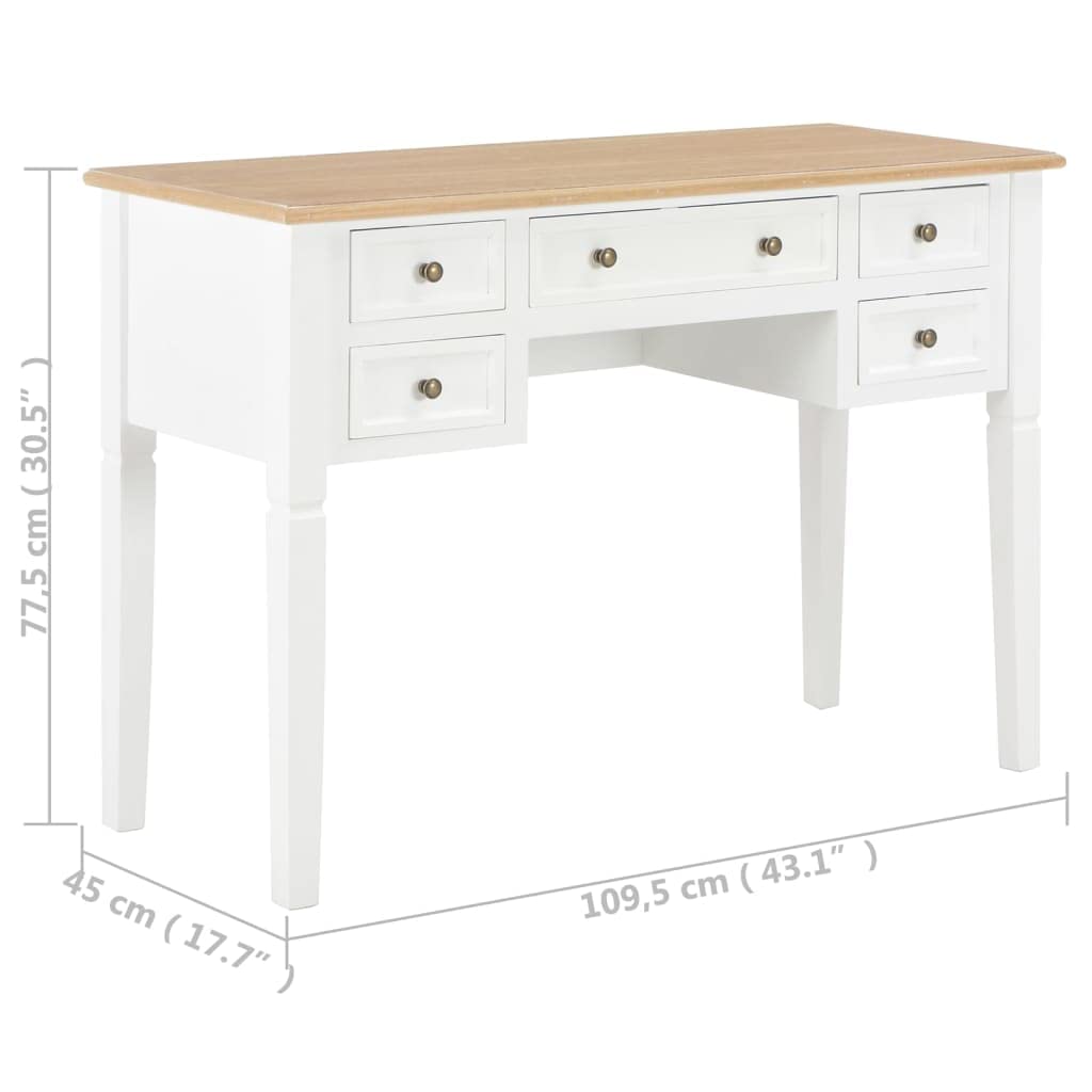White Wooden Writing Desk with 5 Drawers - 43.1
