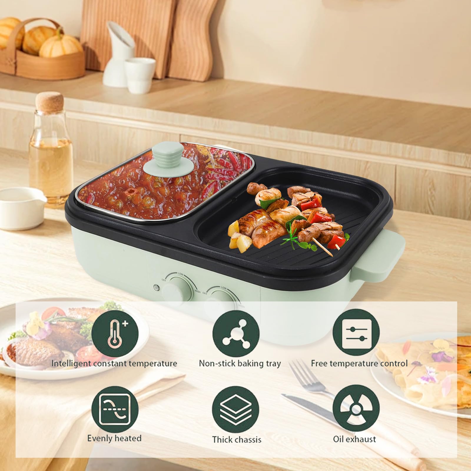 2-in-1 Electric Hot Pot & Grill with Nonstick Surface - Adjustable Temperature Control for Shabu Shabu & BBQ - Perfect for Family Dinners (2-6 People) - Ideal for Indoor Cooking, Parties & Asian Cuisine