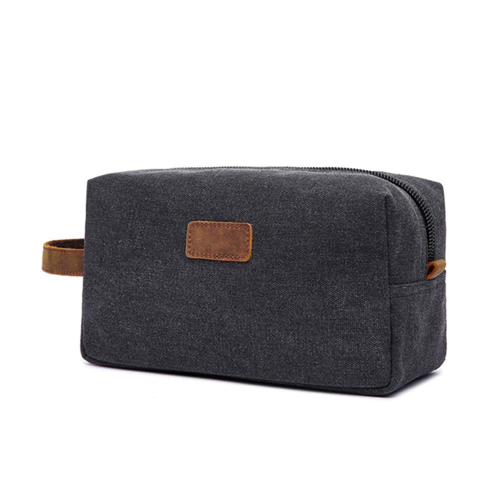 Waterproof Retro Canvas Travel Cosmetic Bag - Faux Leather Toiletries & Makeup Pouch for Outdoor Adventures, Camping & Gym Essentials (Black)