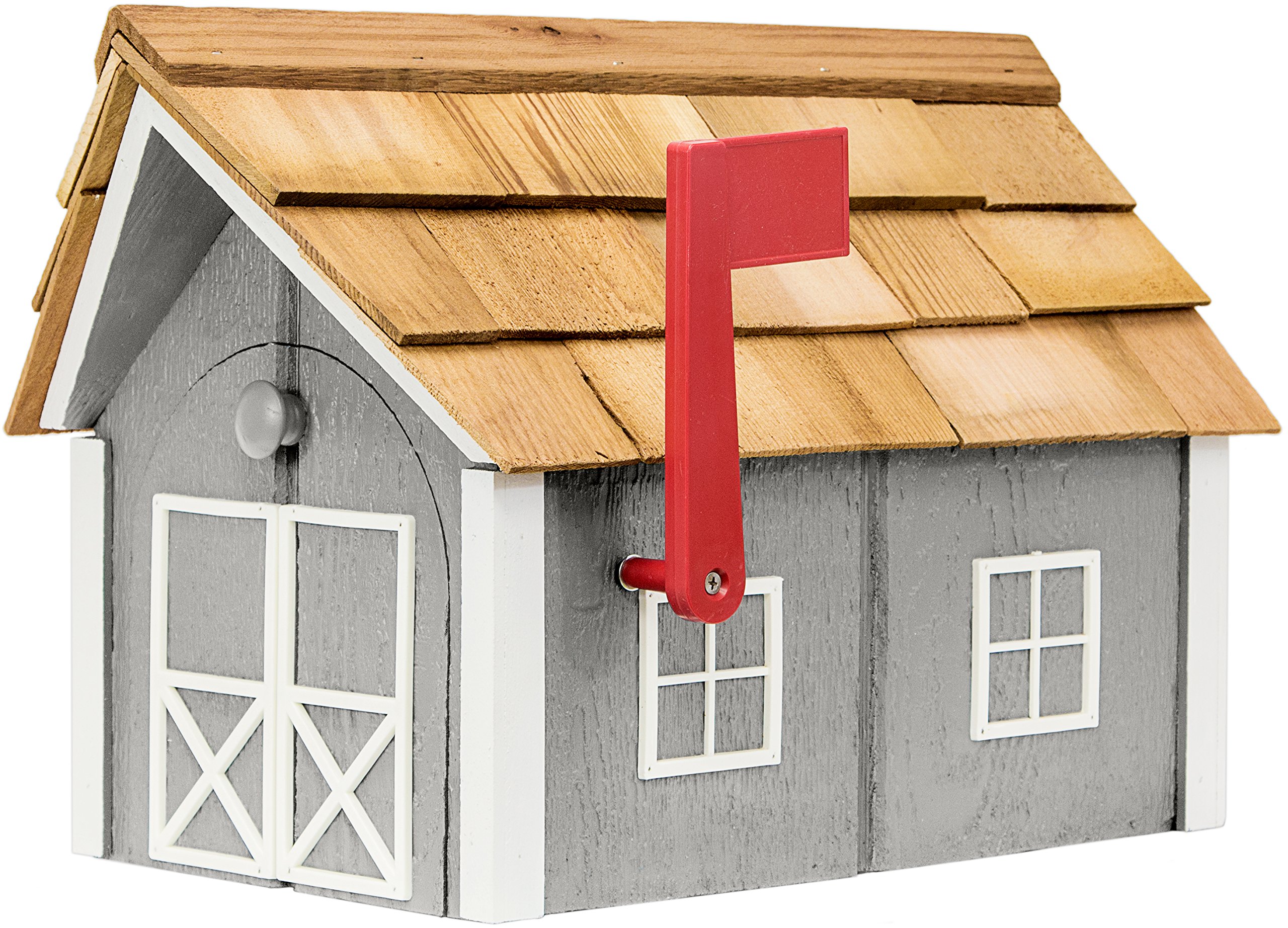 Amish-Made Deluxe Post Mount Wooden Mailbox with Cedar Shingles - Cape Cod Gray with White Trim - Rustic Outdoor Mailbox for Farmhouse, Cottage & Countryside Homes