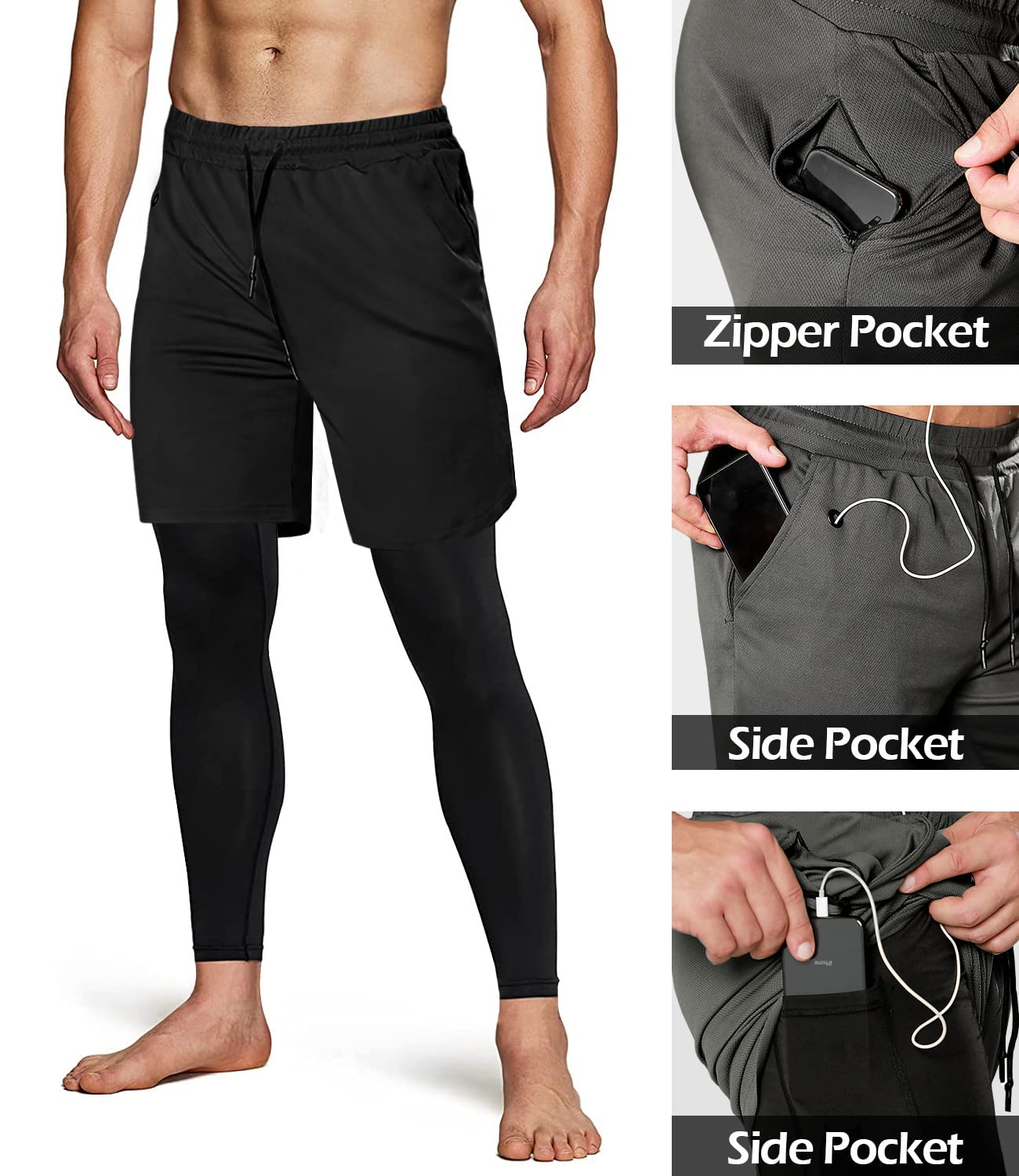Aolesy Men's 2 in 1 Running & Gym Workout Pants - Breathable Compression Training Athletic Pants for Jogging, Fitness & Sports Activities